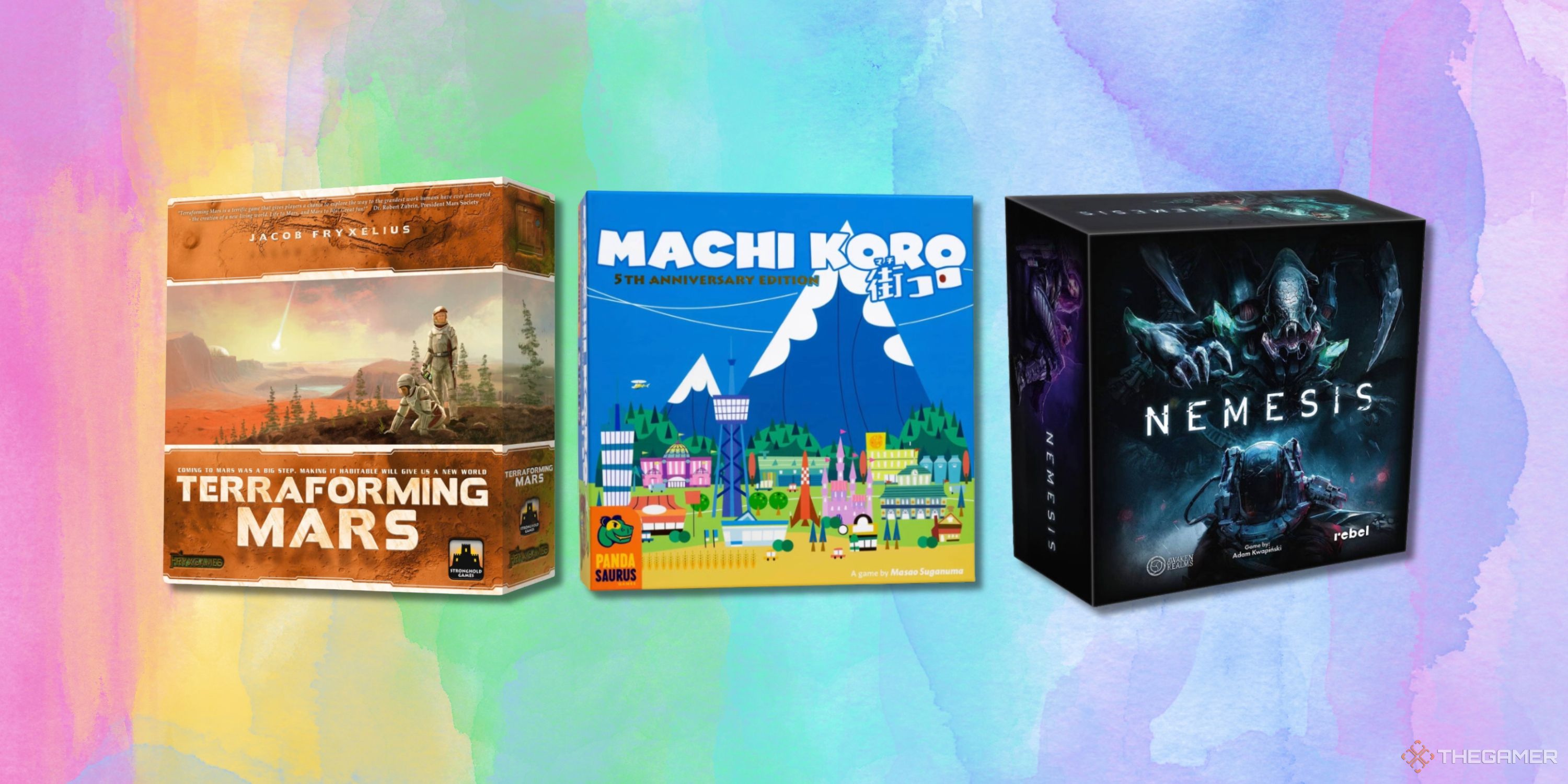 Three board games - Terraforming Mars, Machi Koro, Nemesis - on a watercolor background