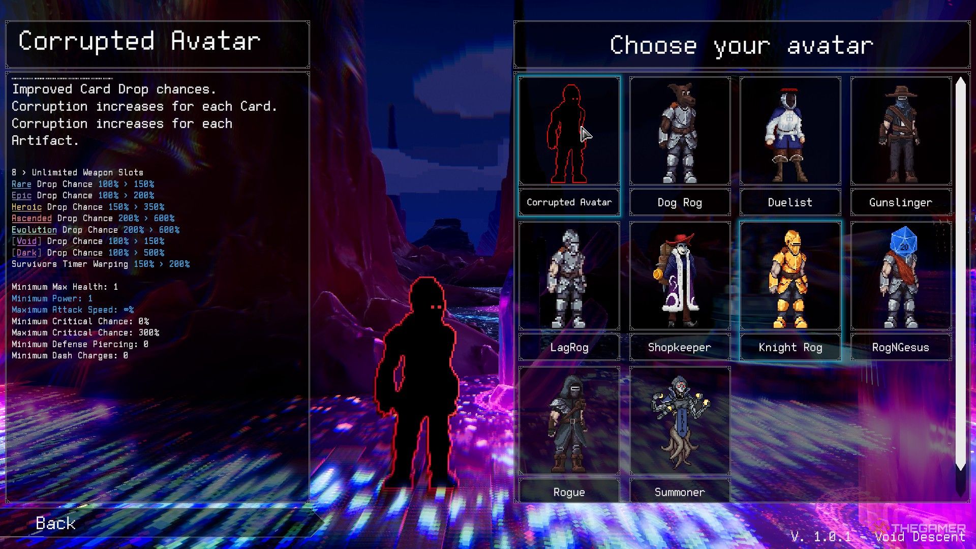 The Corrupted Avatar is revealed in Rogue Genesia's character select panel. 