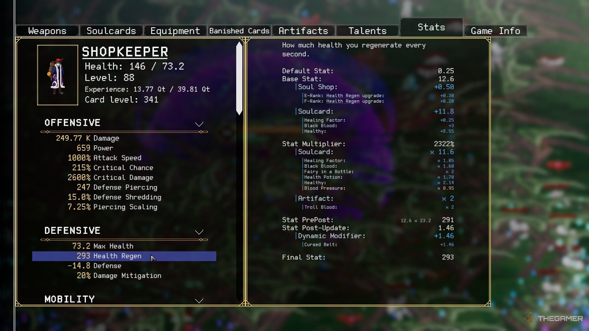 A shopkeeper build uses high regeneration and low max health to become indestructible. 
