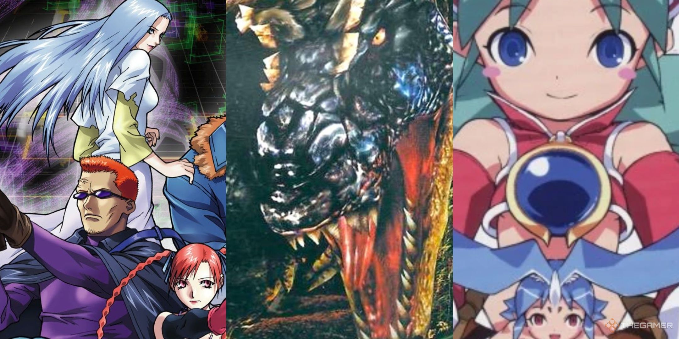 multiple characters on the box art for Shin Megami Tensei Nine, a dinosaur from dinosaur hunting, and a character from tenerezza, left to right.
