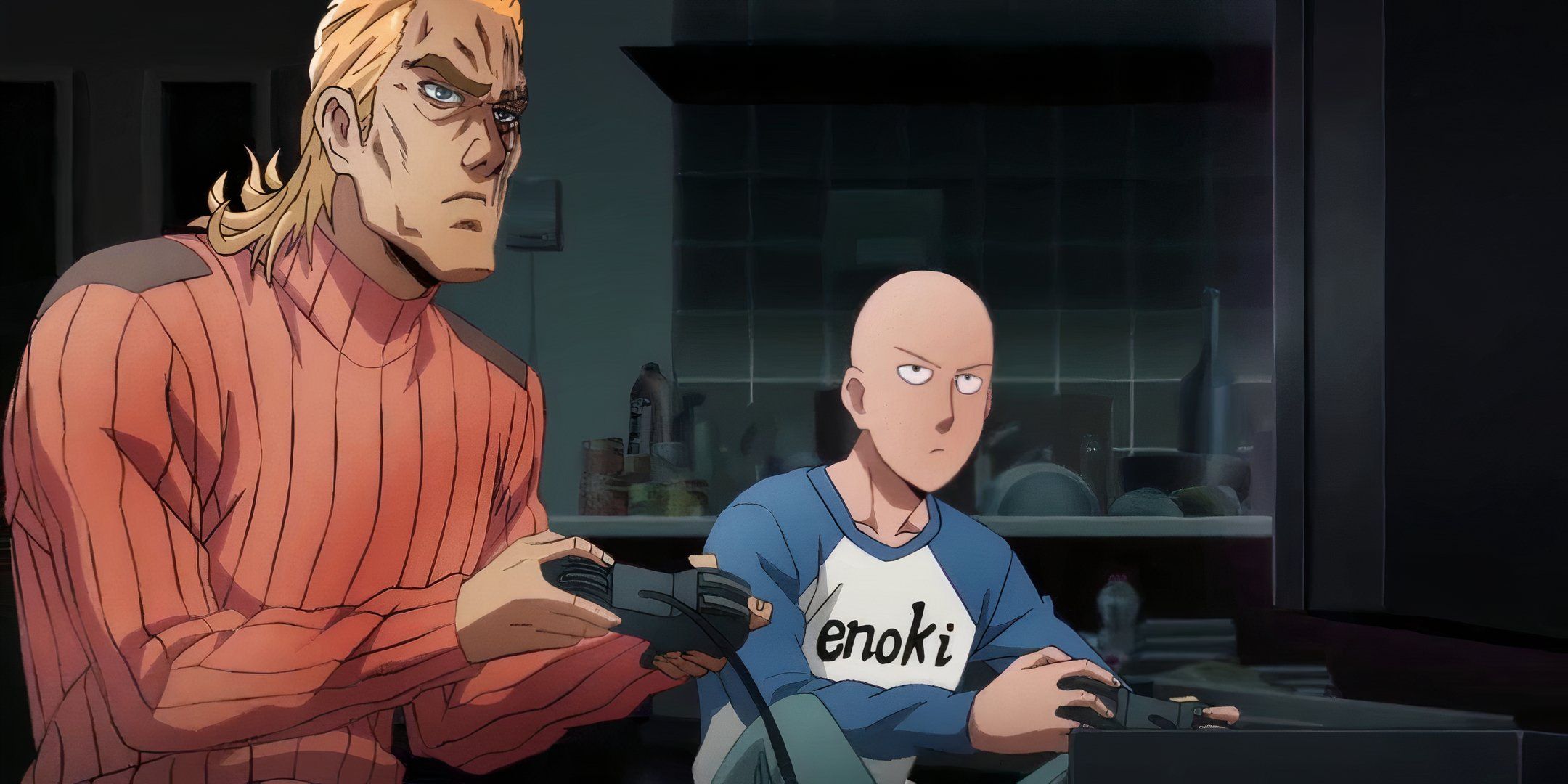 King and Saitama playing games in King's Apartment in the One Punch Man anime.