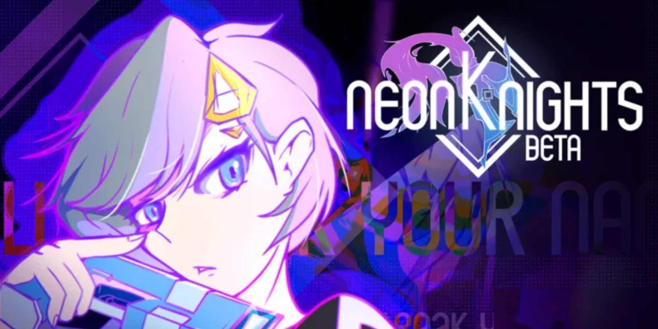 Cover art with a purple haired girl from the game Neon Knights. 