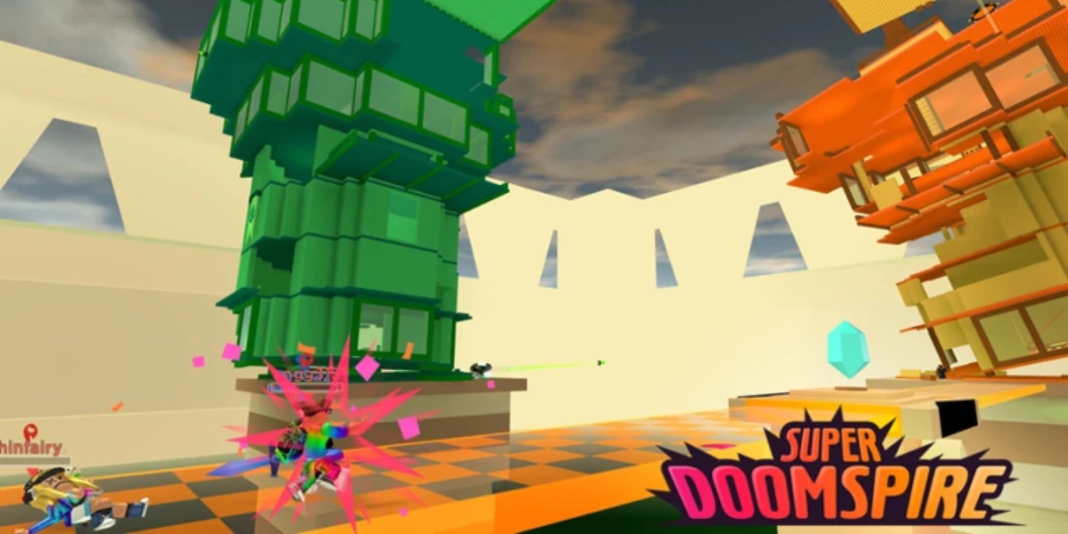 Various towers in different colors with players battling beneath them. 