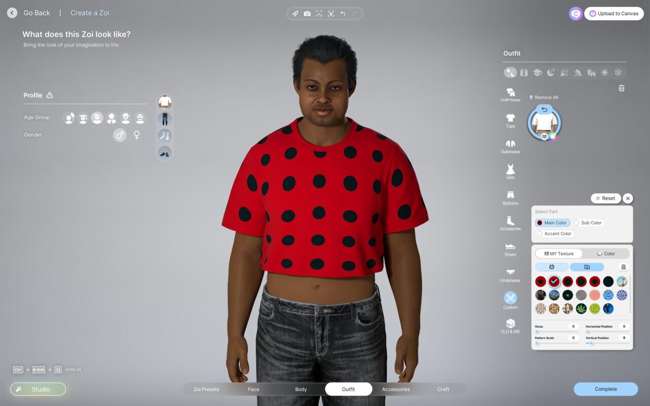 A polka dotted shirt made using inZoi's custom texture tools