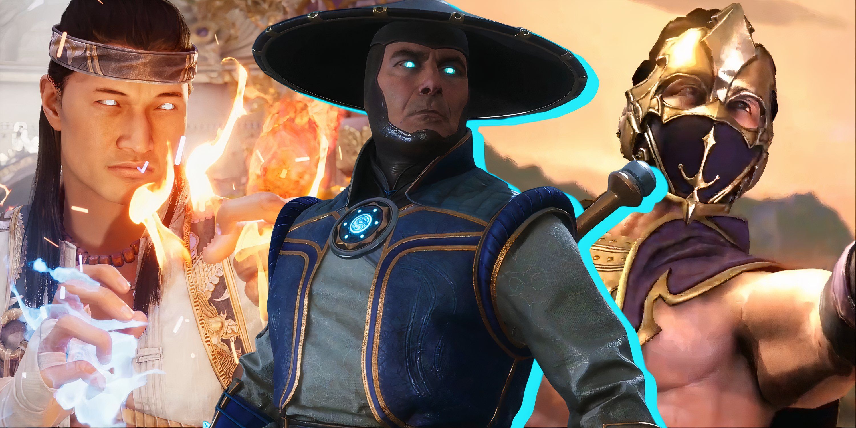 Split image of Fire God Liu Kang, Raiden, and Rain in Mortal Kombat games