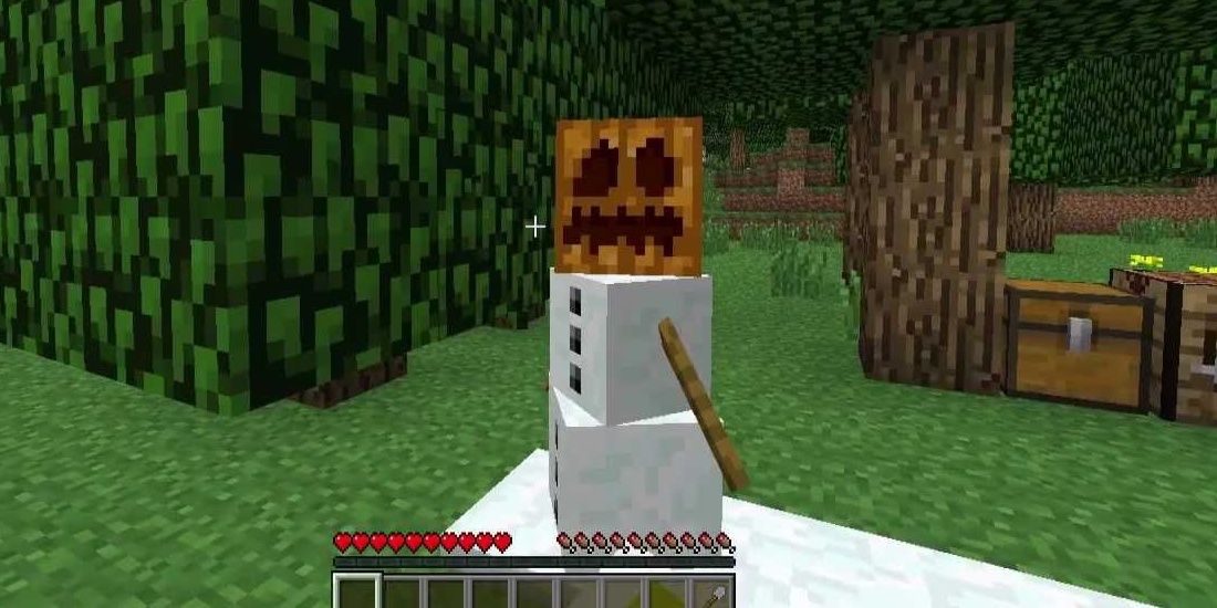 Image of a snow golem in the forest looking at player from Minecraft.