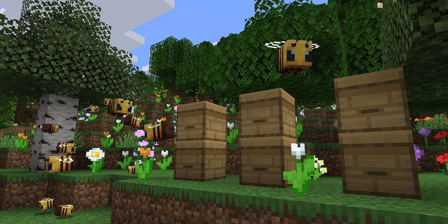 Image of bees flying around their hives in Minecraft.