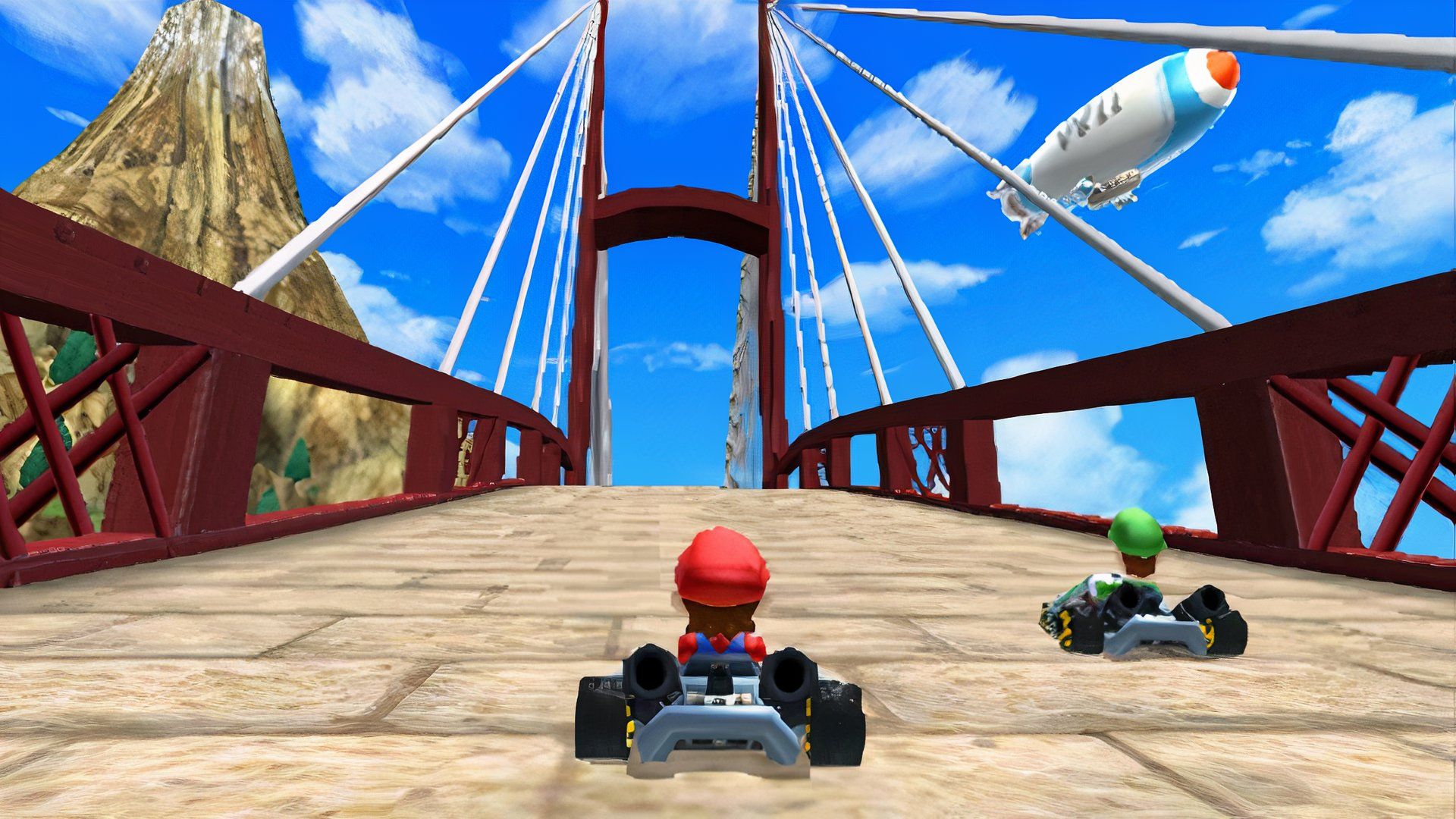 Mario and Luigi racing on Wuhu Loop in Mario Kart 7.