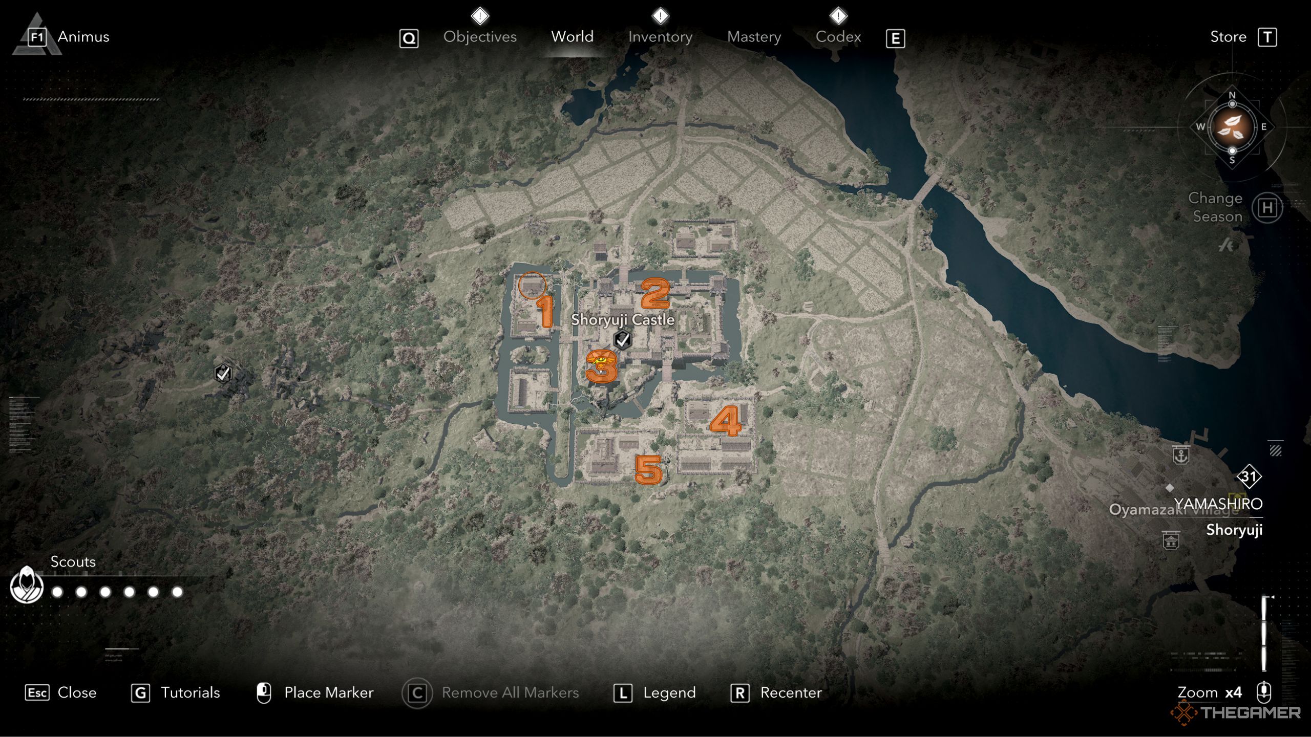 Assassin's Creed Shadows stockpile and key locations in Shoryuji Castle.