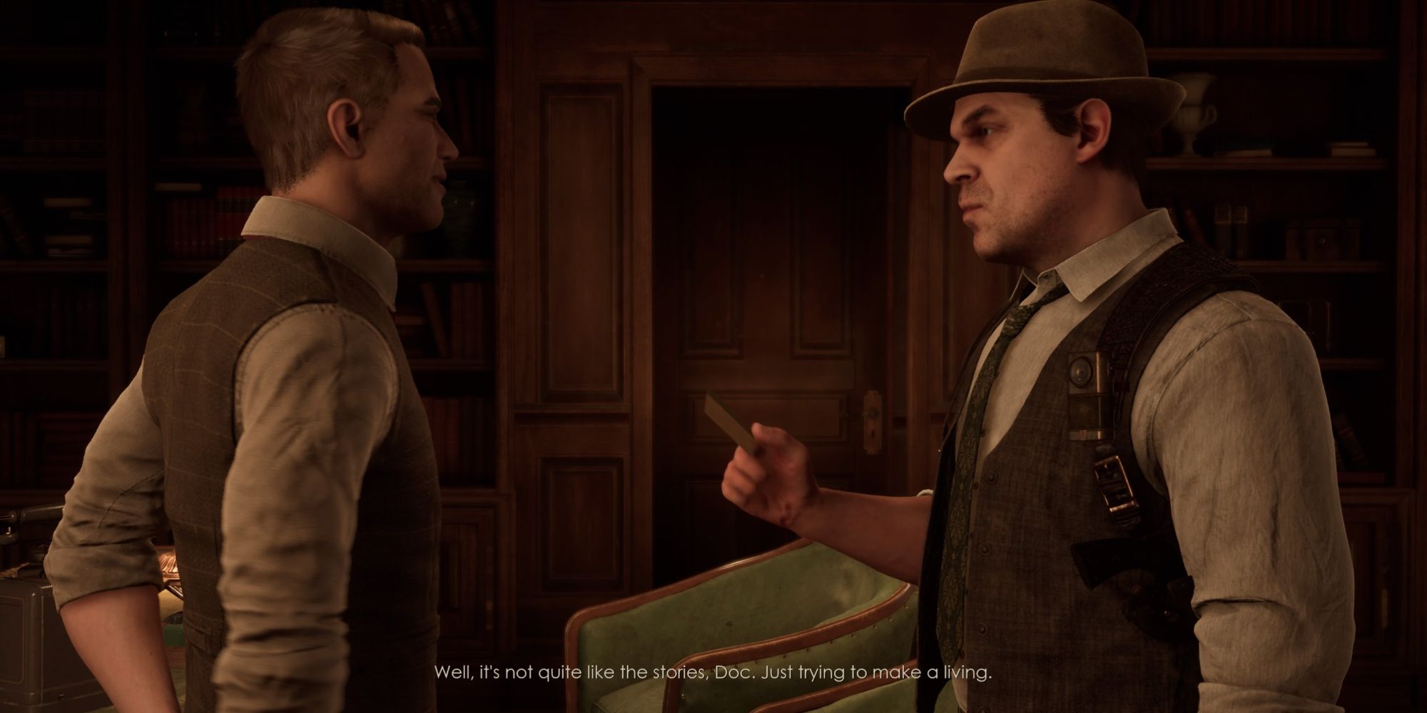 Dr. Gray talks to Edward Carnby in his Derceto office in Alone in the Dark.