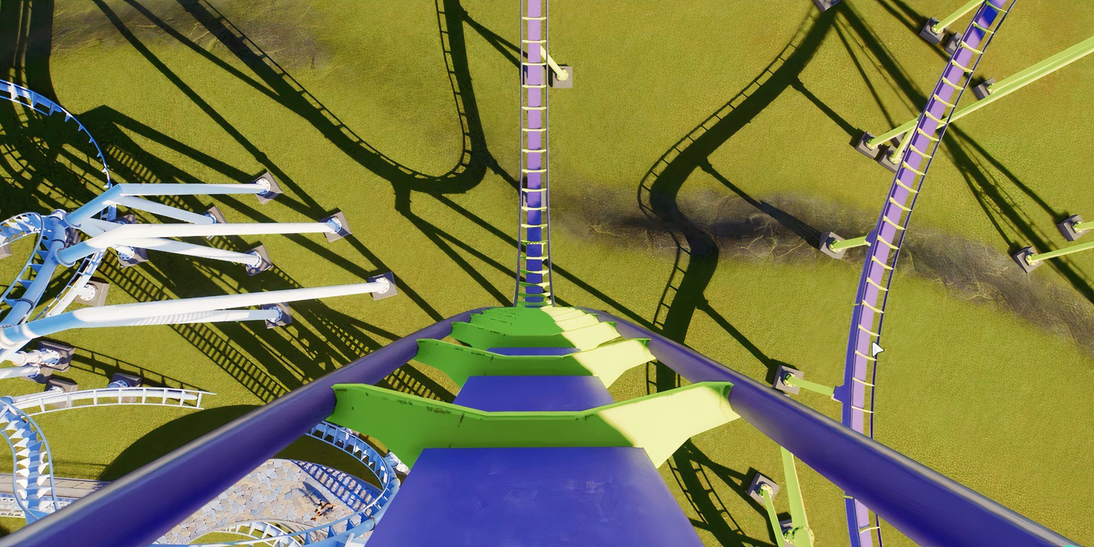 A first-person view of the player riding the roller coaster