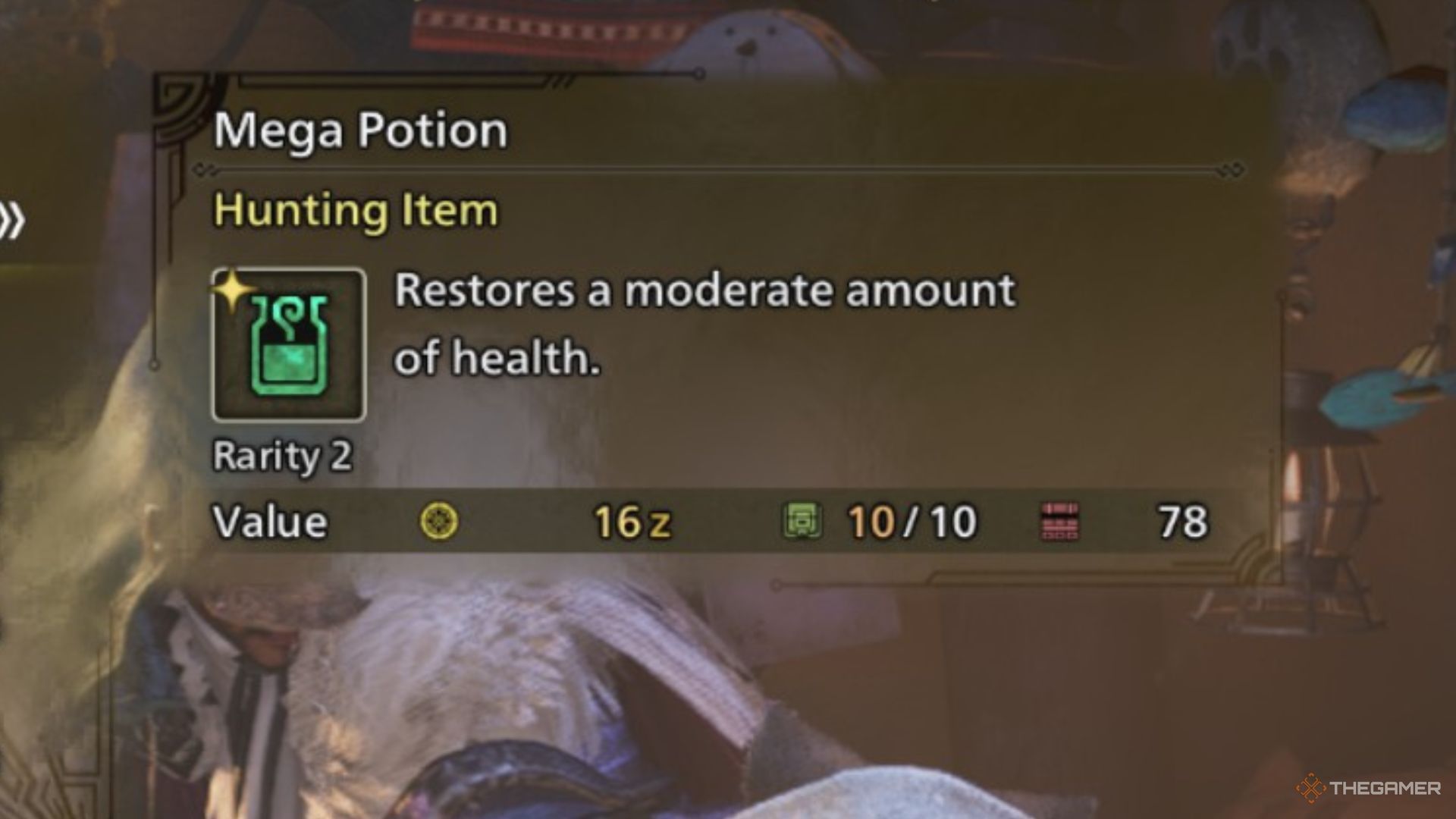 The image shows the description of the Mega Potion in Monster Hunter Wilds.