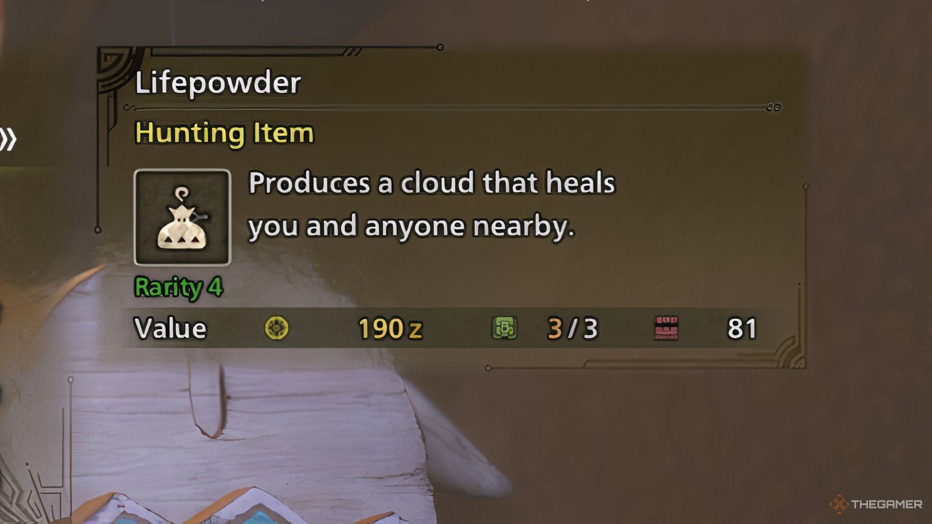 The image shows the description of Lifepowder in Monster Hunter Wilds.
