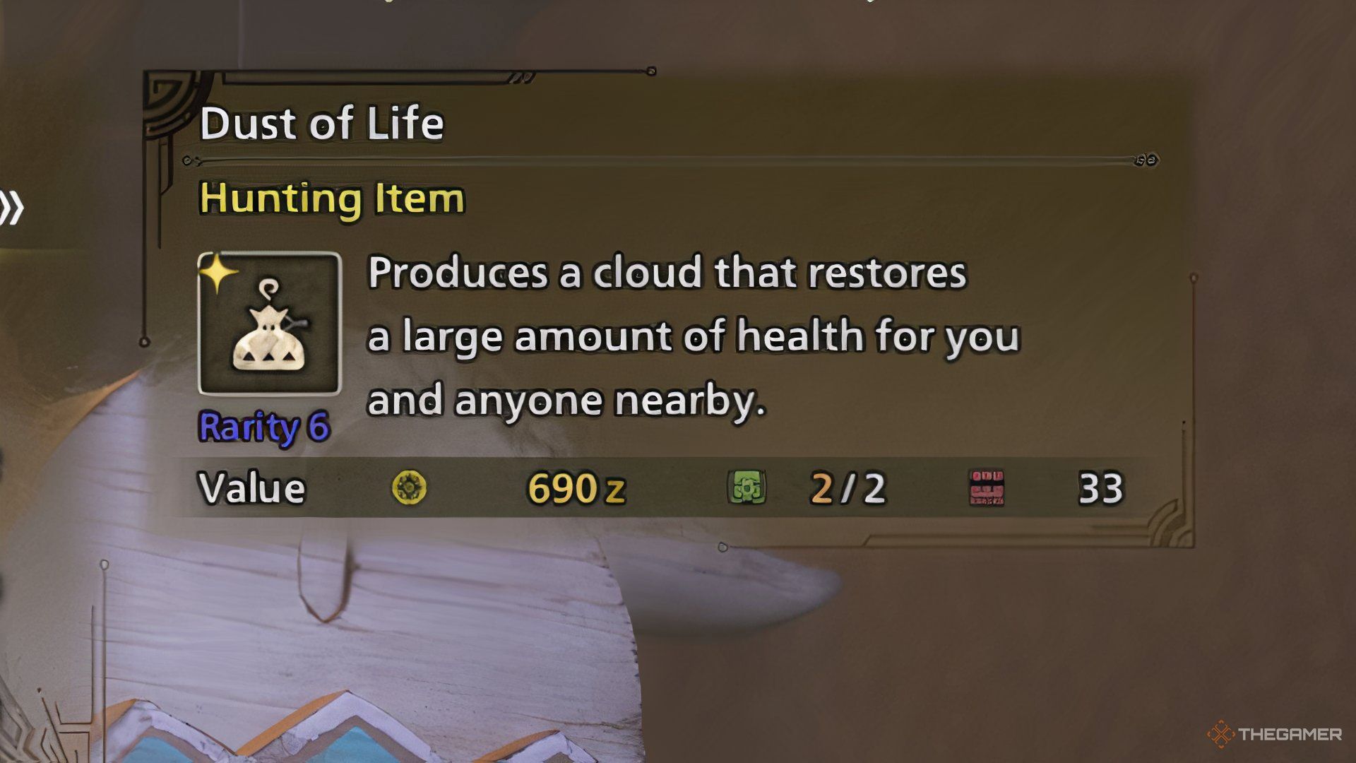 The image shows the description of the Dust of Life in Monster Hunter Wilds.