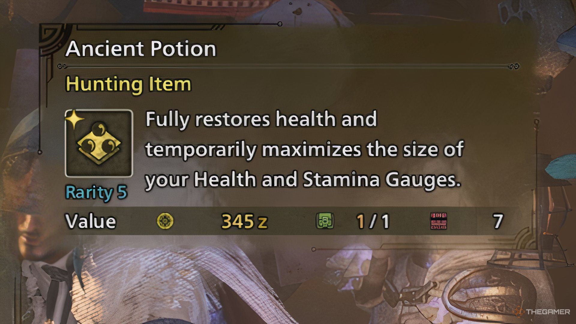 The image shows the description of the Ancient Potion in Monster Hunter Wilds.