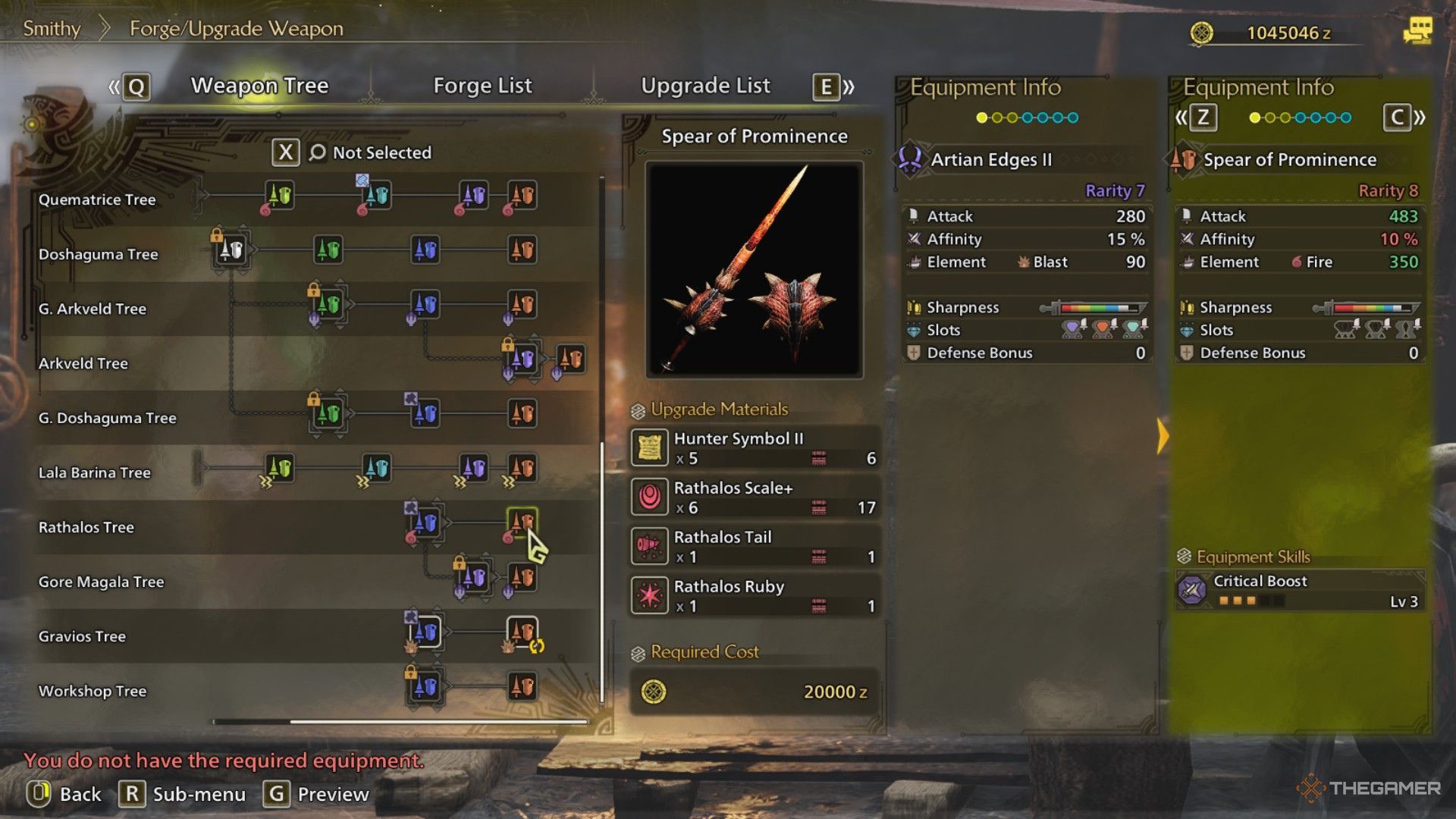The image shows the Spear of Prominence from the Smithy's Forge Menu in Monster Hunter Wilds.