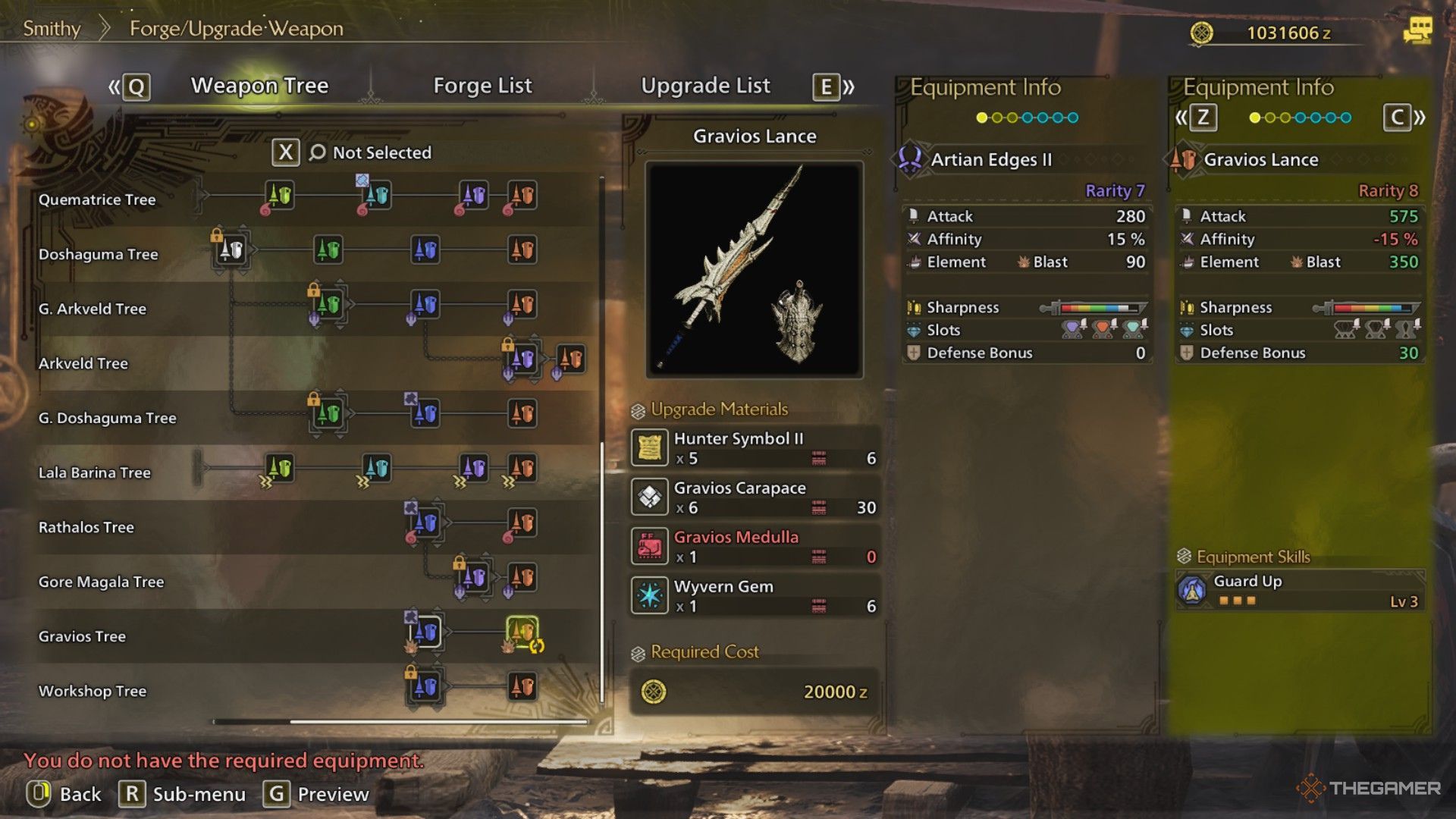 The image shows the Gravios Lance from the Smithy's Forge Menu in Monster Hunter Wilds.
