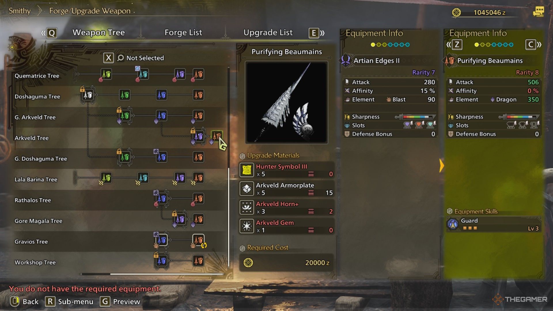 The image shows the Purifying Beaumains from the Smithy's Forge Menu in Monster Hunter Wilds.