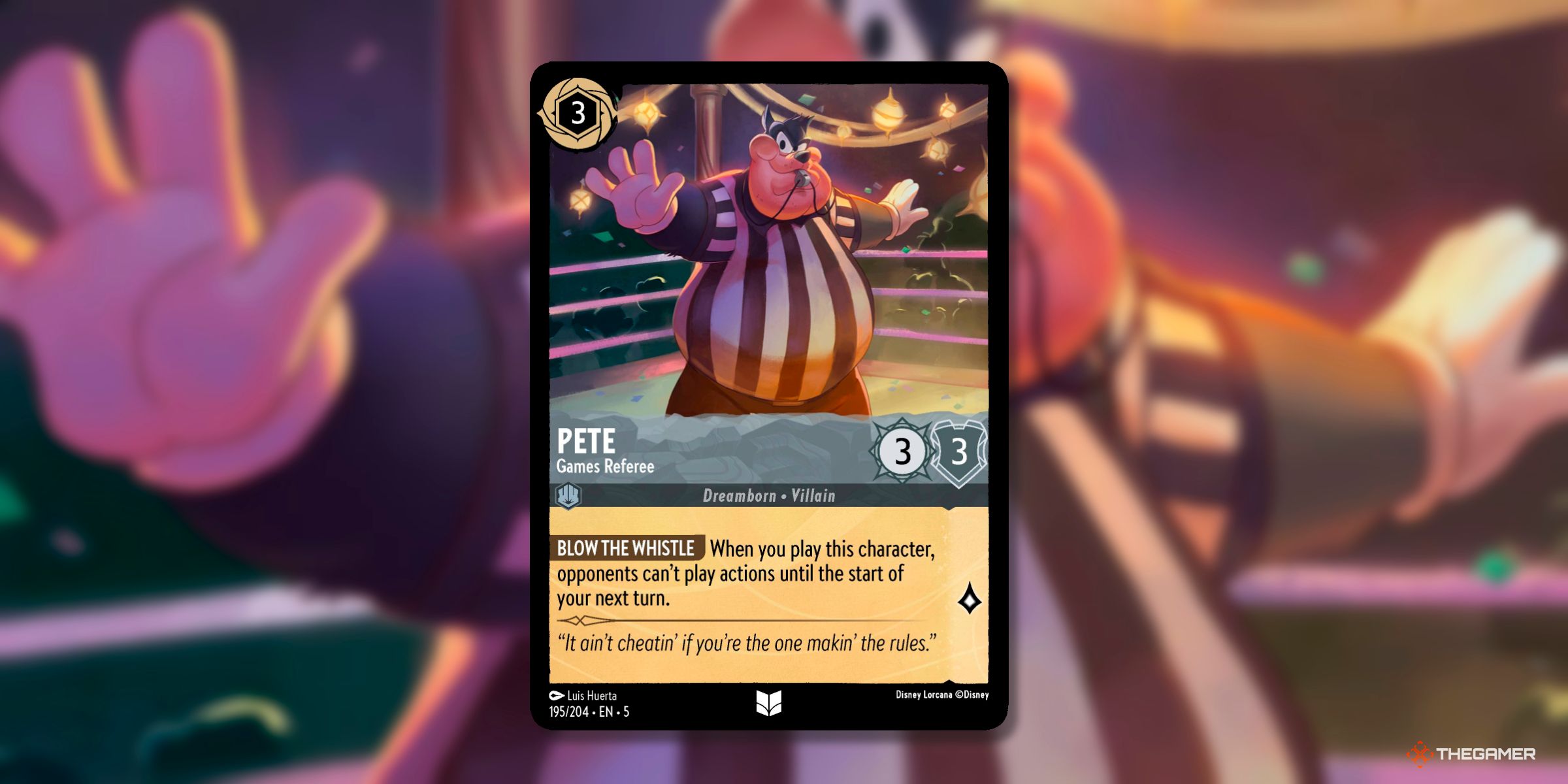 Pete Games, Referee Character Card From The Set Shimmering Skies From Disney Lorcana.