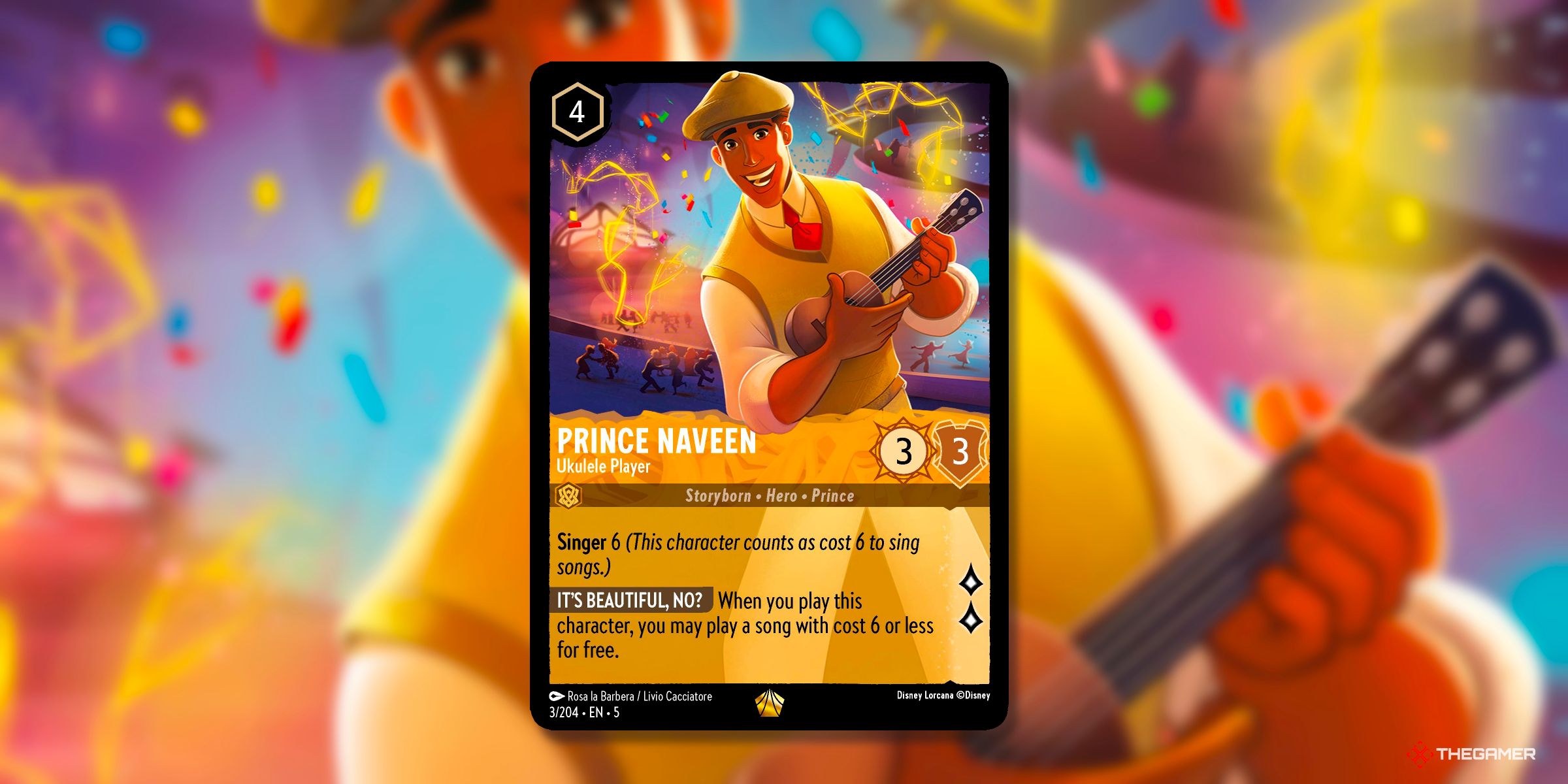 Prince Naveen, Ukulele Player Character Card From The Set Shimmering Skies From Disney Lorcana.