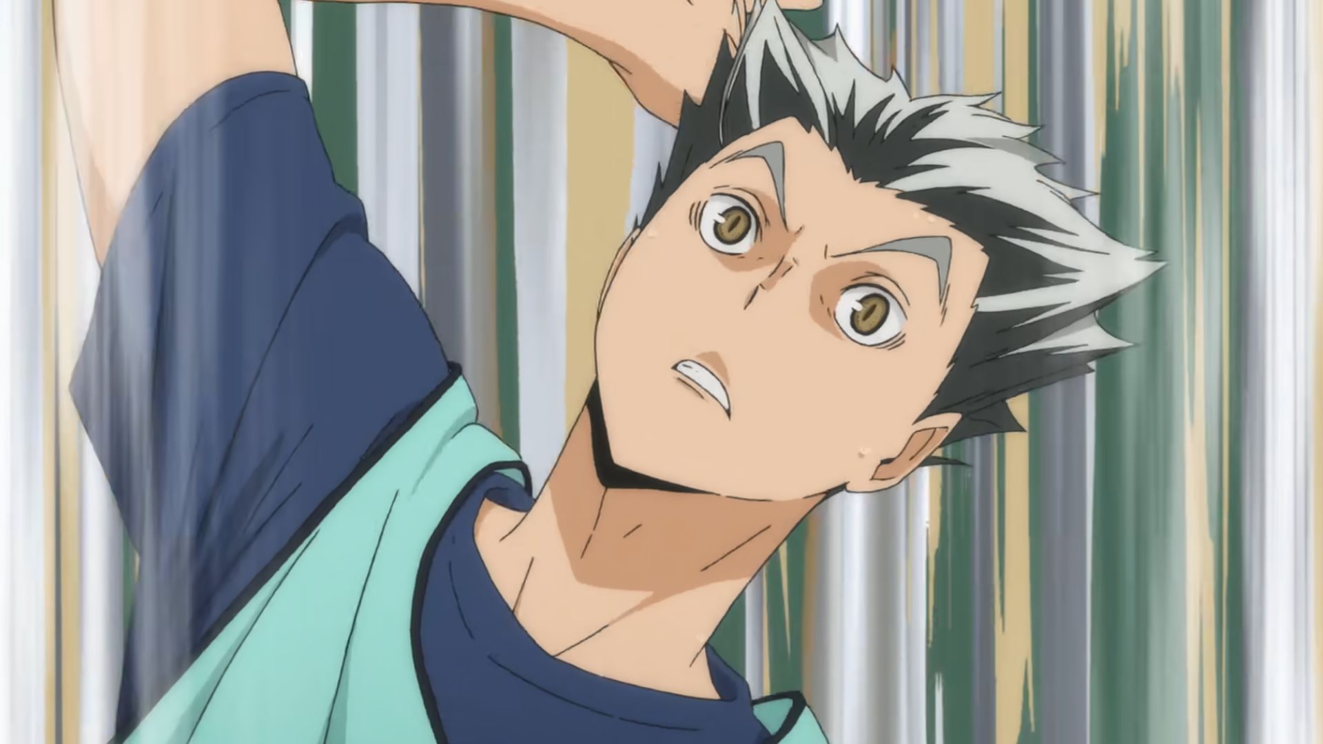 The image shows Bokotu Kotaru is spiking in Haikyu!!