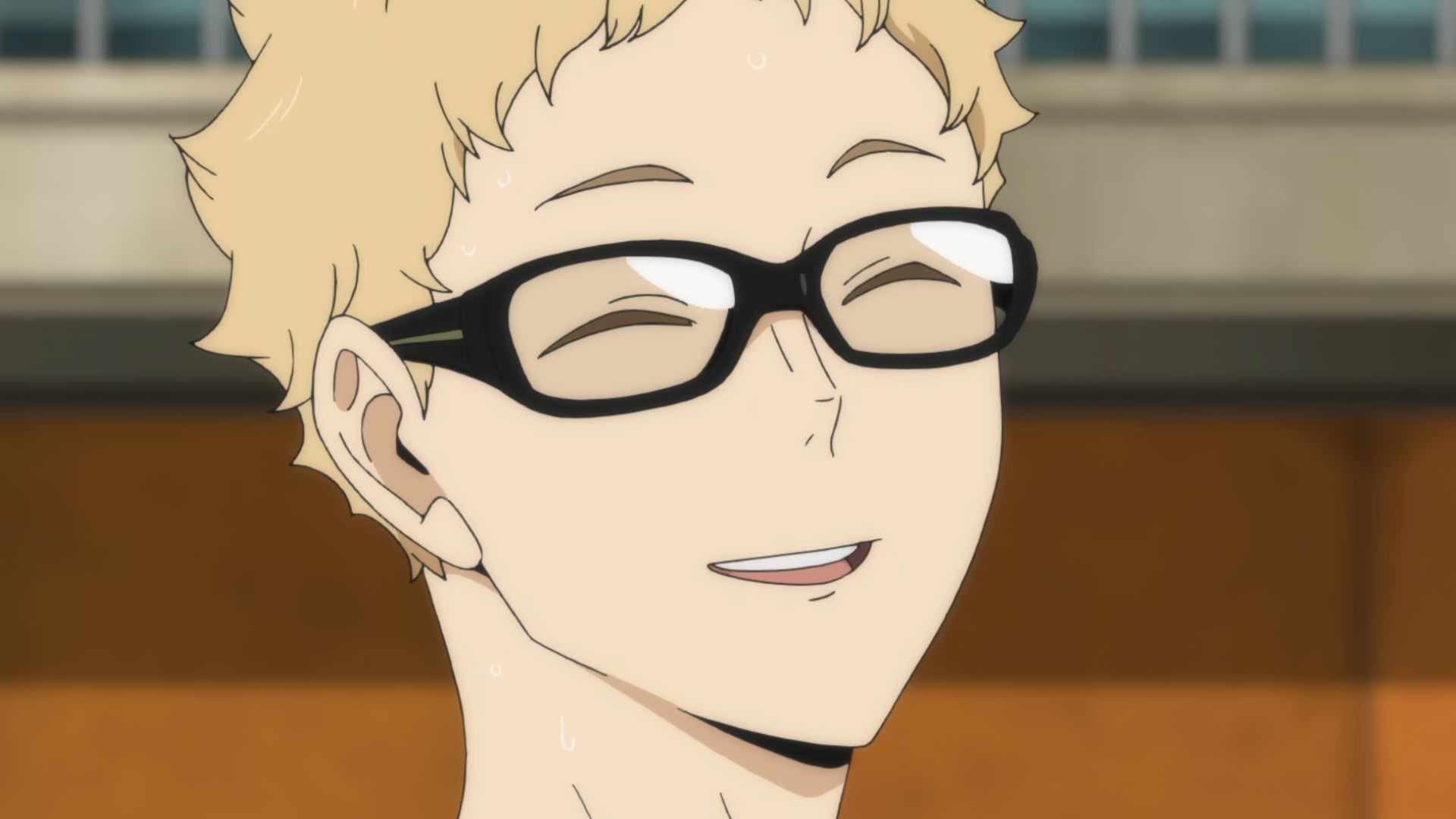 The image shows Tsukishima Kei sarcastically smiling in Haikyu!!