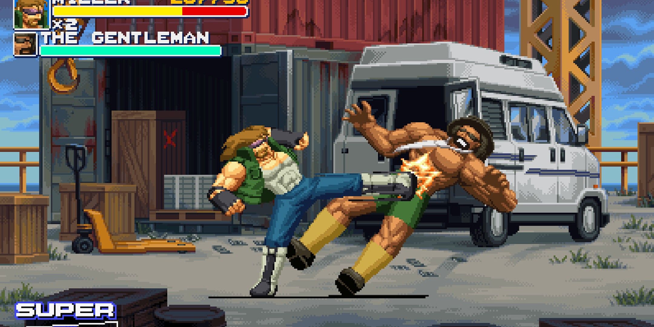 Characters fighting in a port.