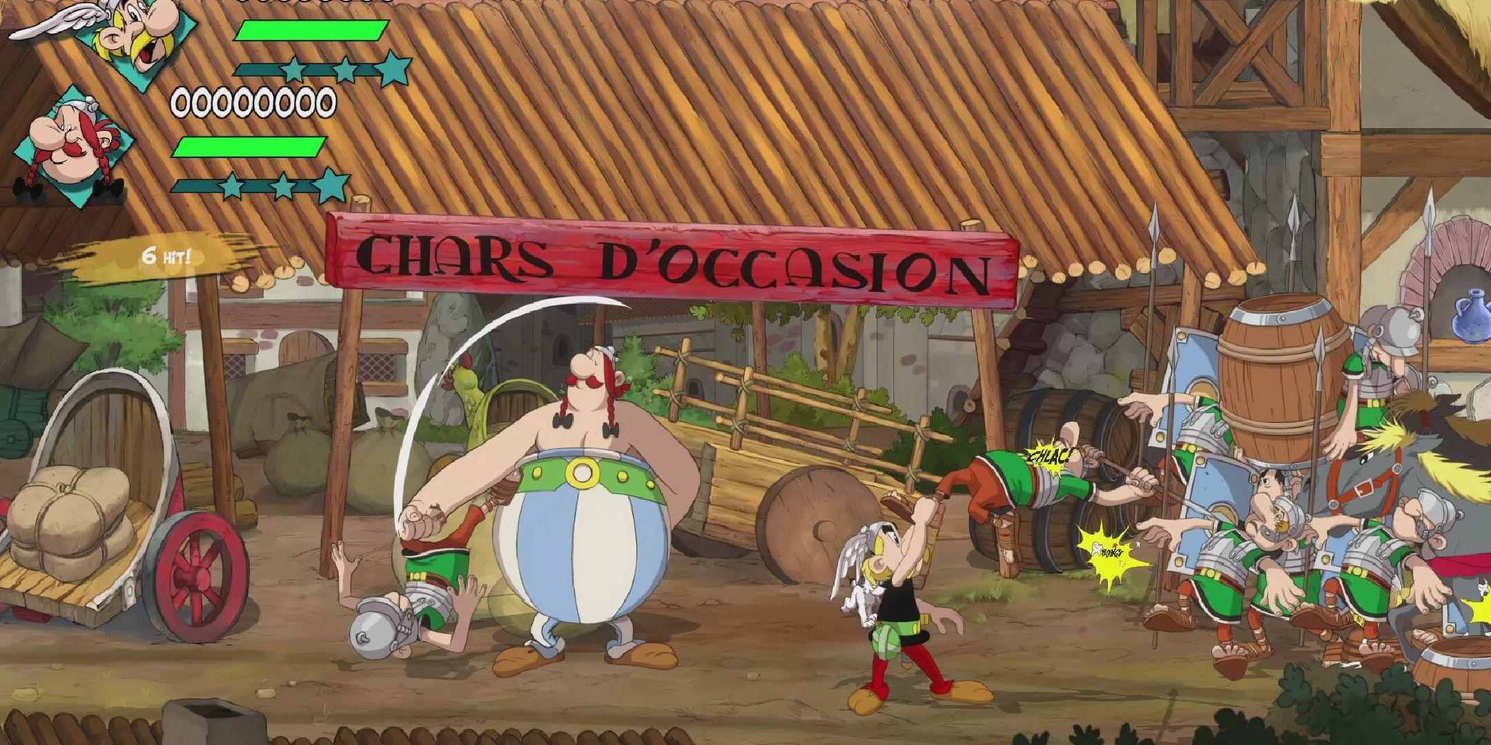 Asterix and Obelix fighting enemies in a market.