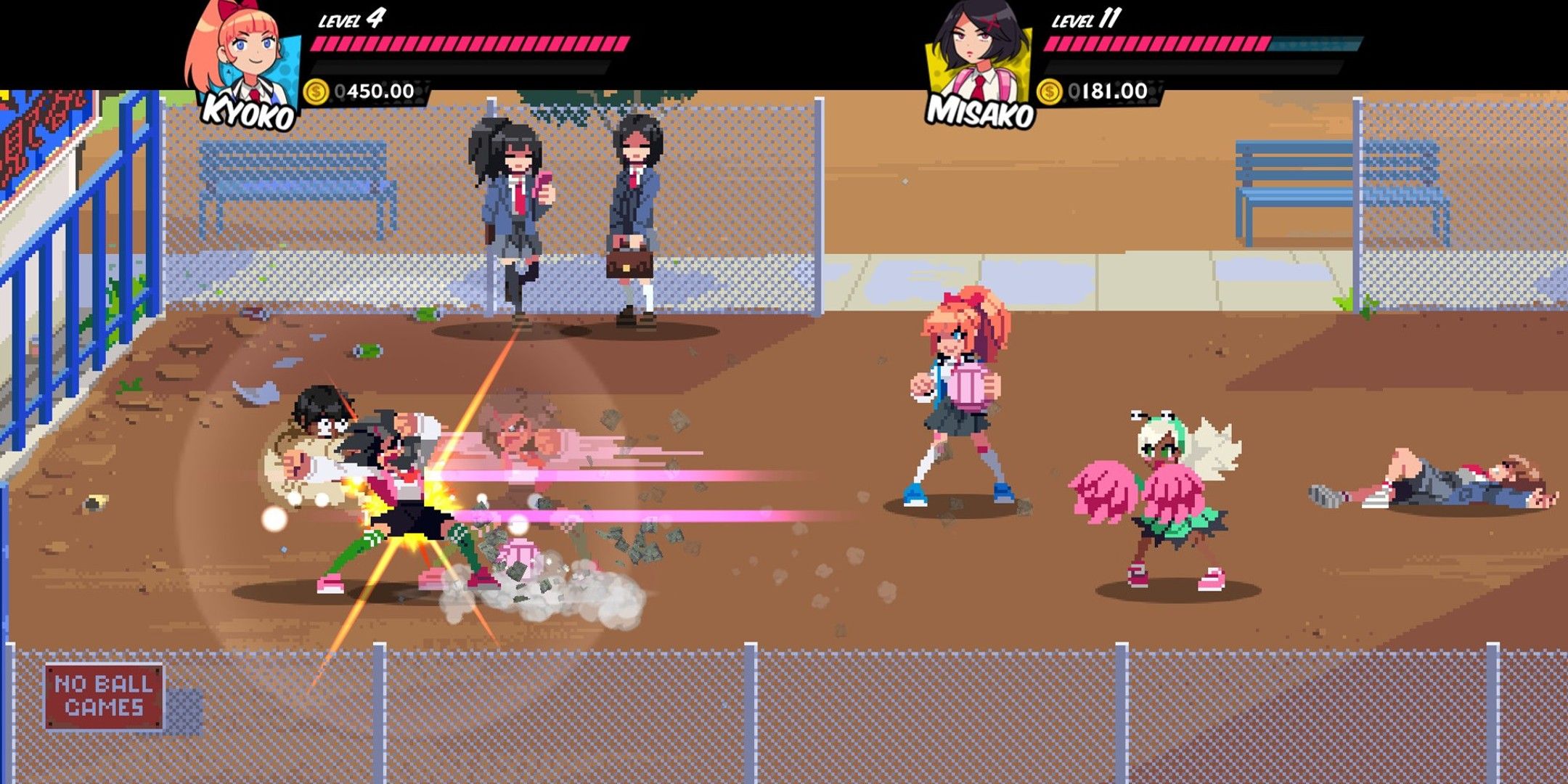 characters fighting in a courtyard in River City Girls.