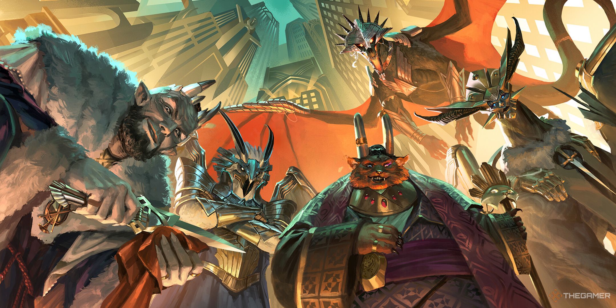 New Capenna key art by Benjamin Ee, showing the five demon lords stood in an art-deco city.