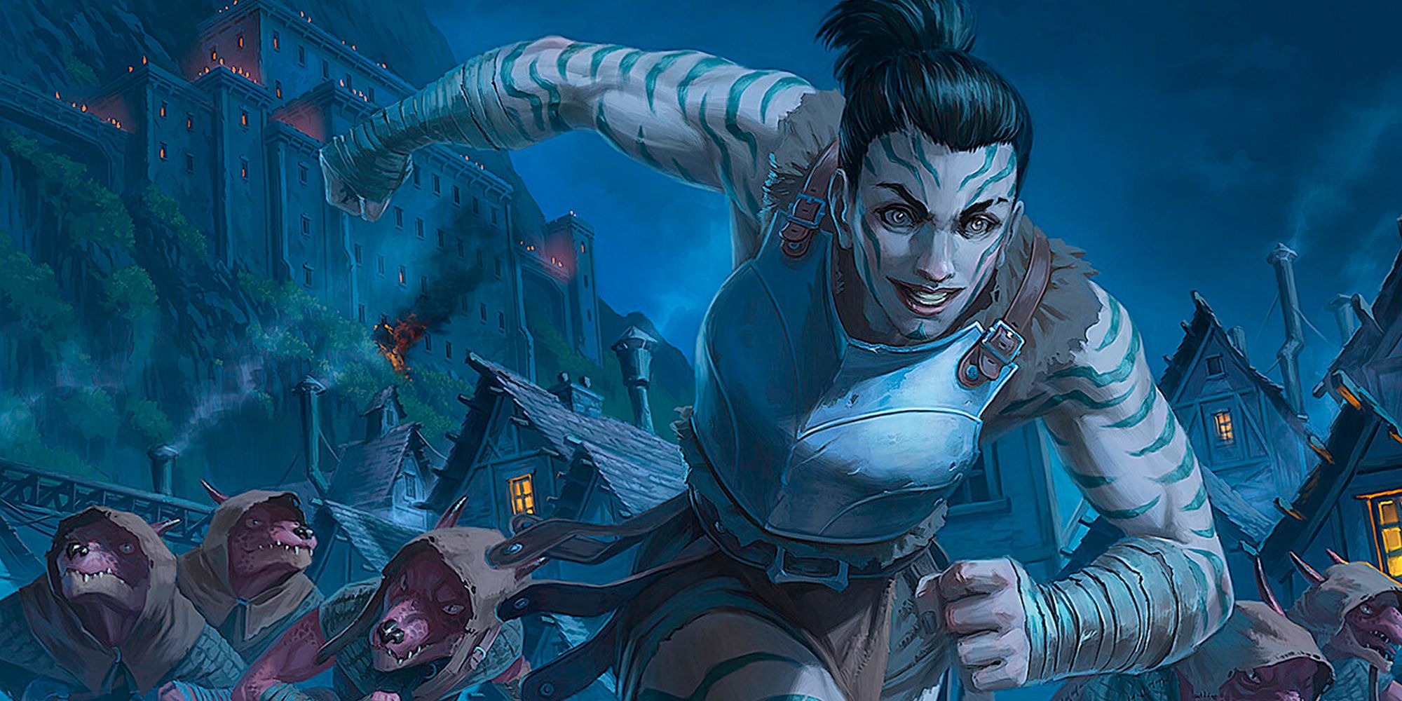 A group of adventurers flee a village during the night in D&D art.