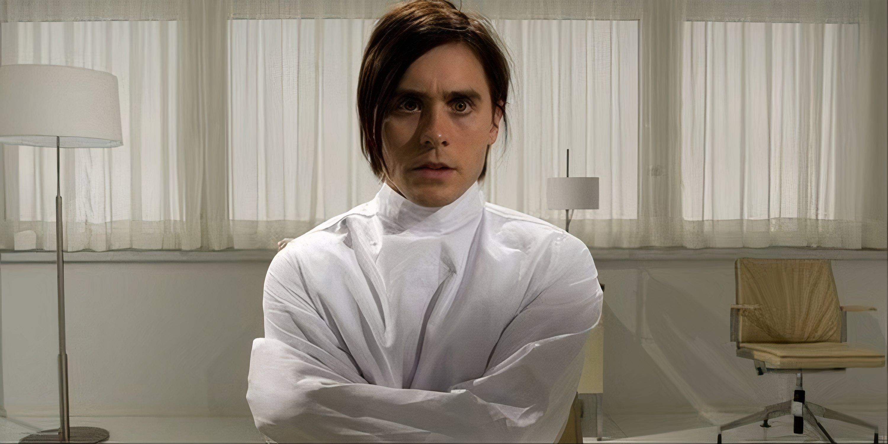 A close-up of Jared Leto in a straight jacket in Mr. Nobody.