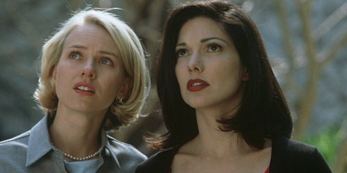 Betty and Rita looking up at something off-screen in David Lynch's Mulholland Drive.