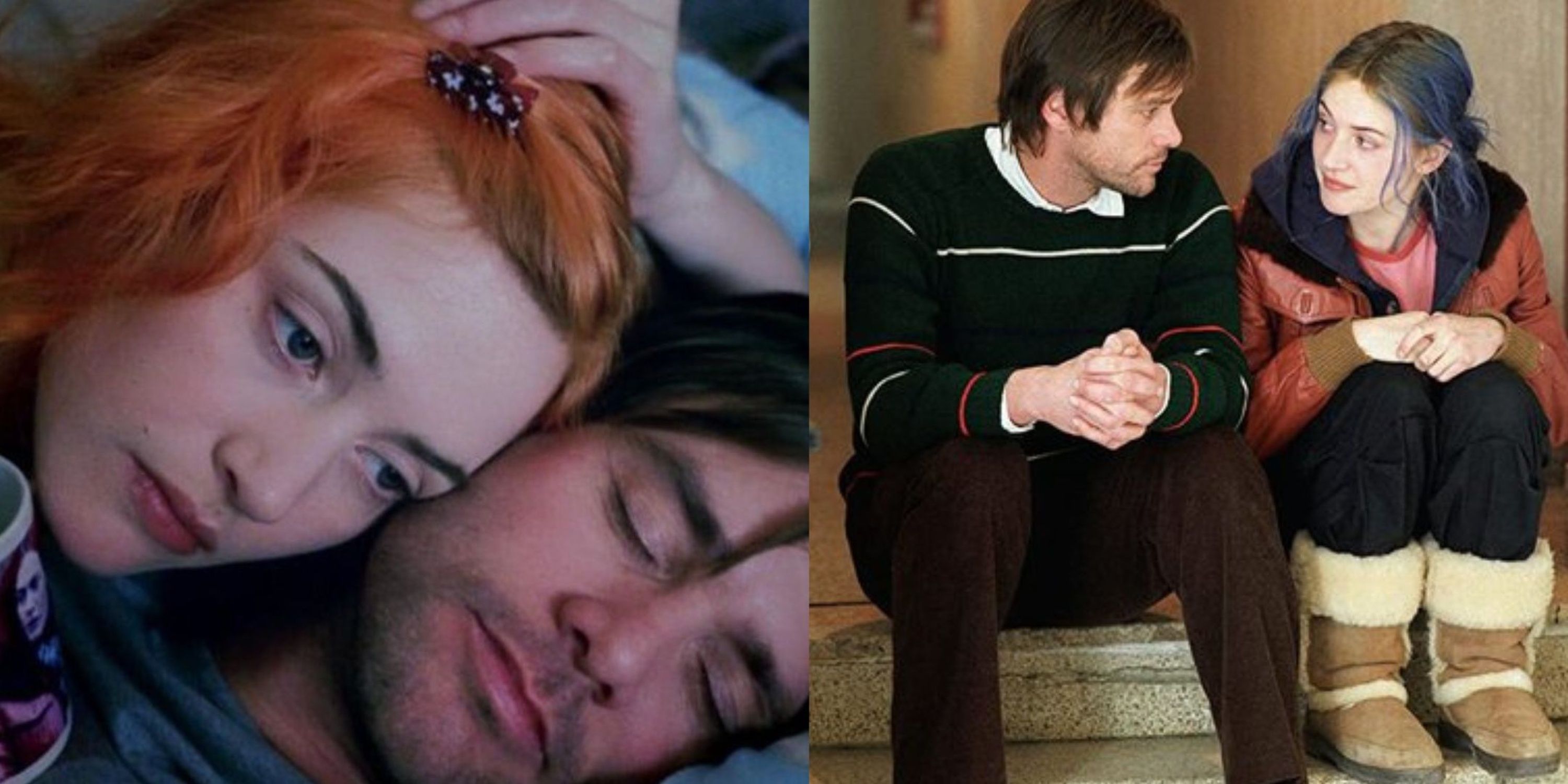 Two main characters from Eternal Sunshine in bed, and sitting on the stoop side by side.