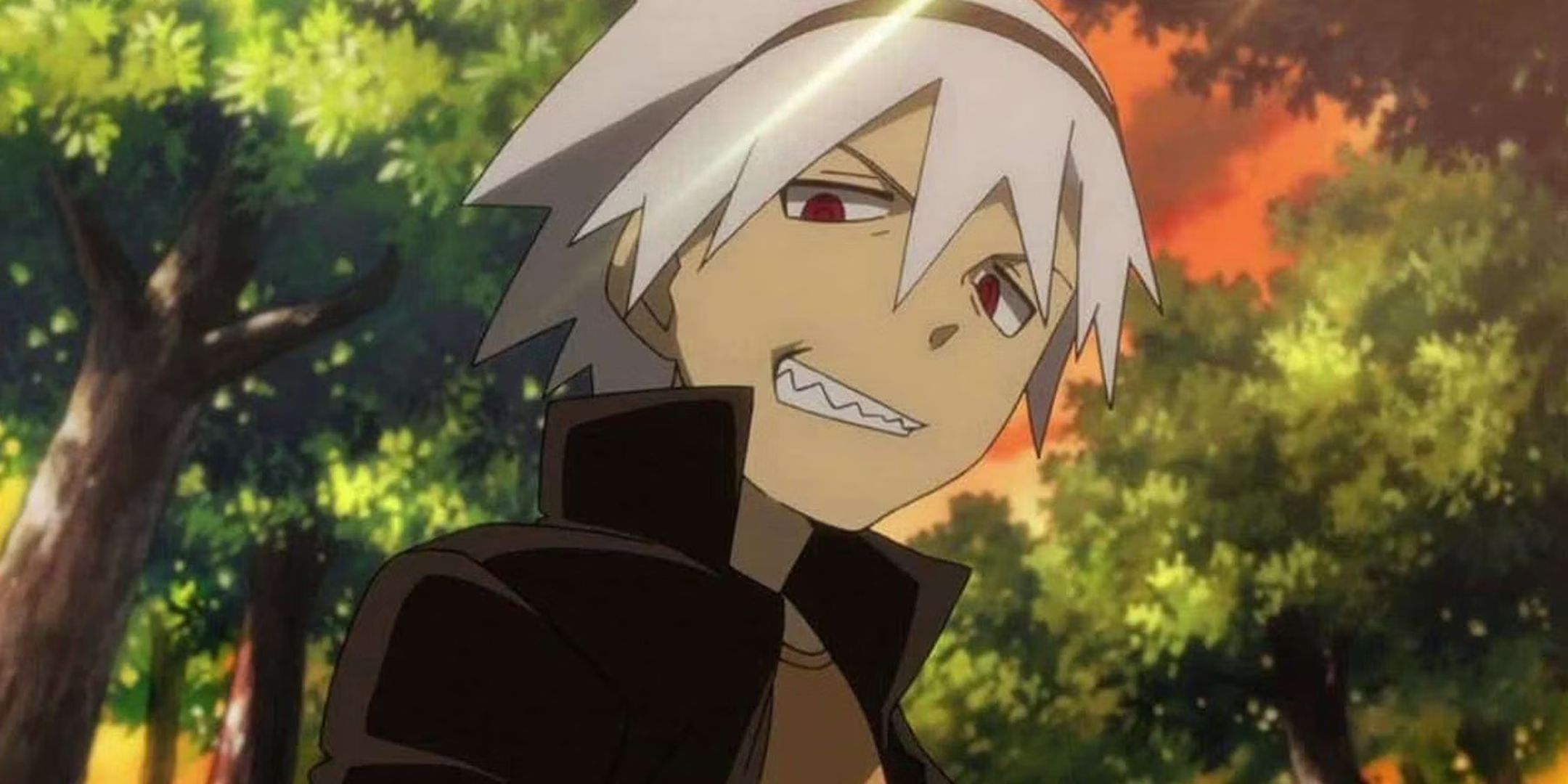Soul from Soul Eater smiling with the sunset behind him.