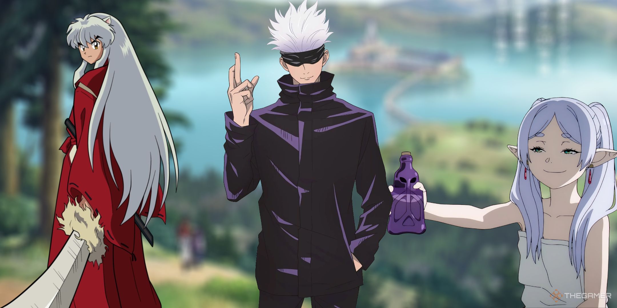 A collage of characters with white hair from anime such as Inuyasha, Frieren, and Gojo.