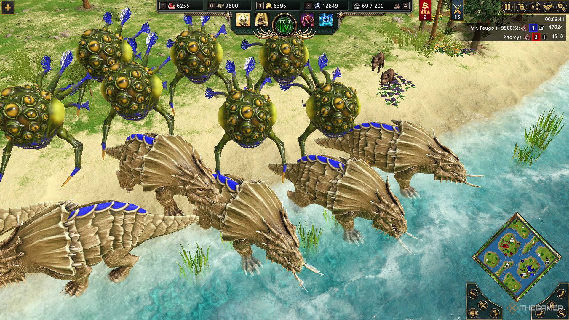 Behemots and Argus' standing next to ocean in Age of Mythology - Retold.