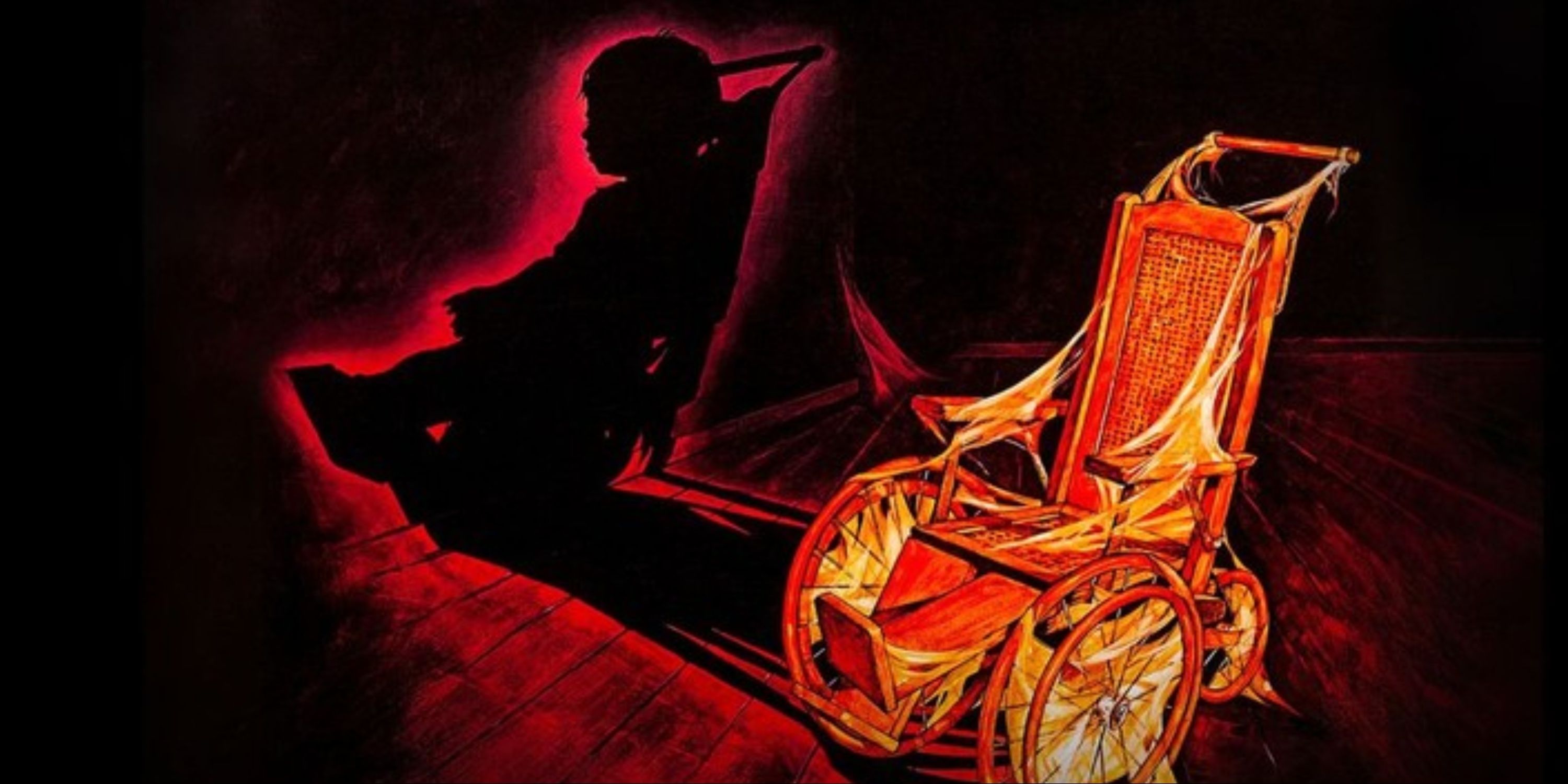 The spooky main art for The Changeling with Joseph Carmichael's ghost and the old old wheelchair outlined in red.