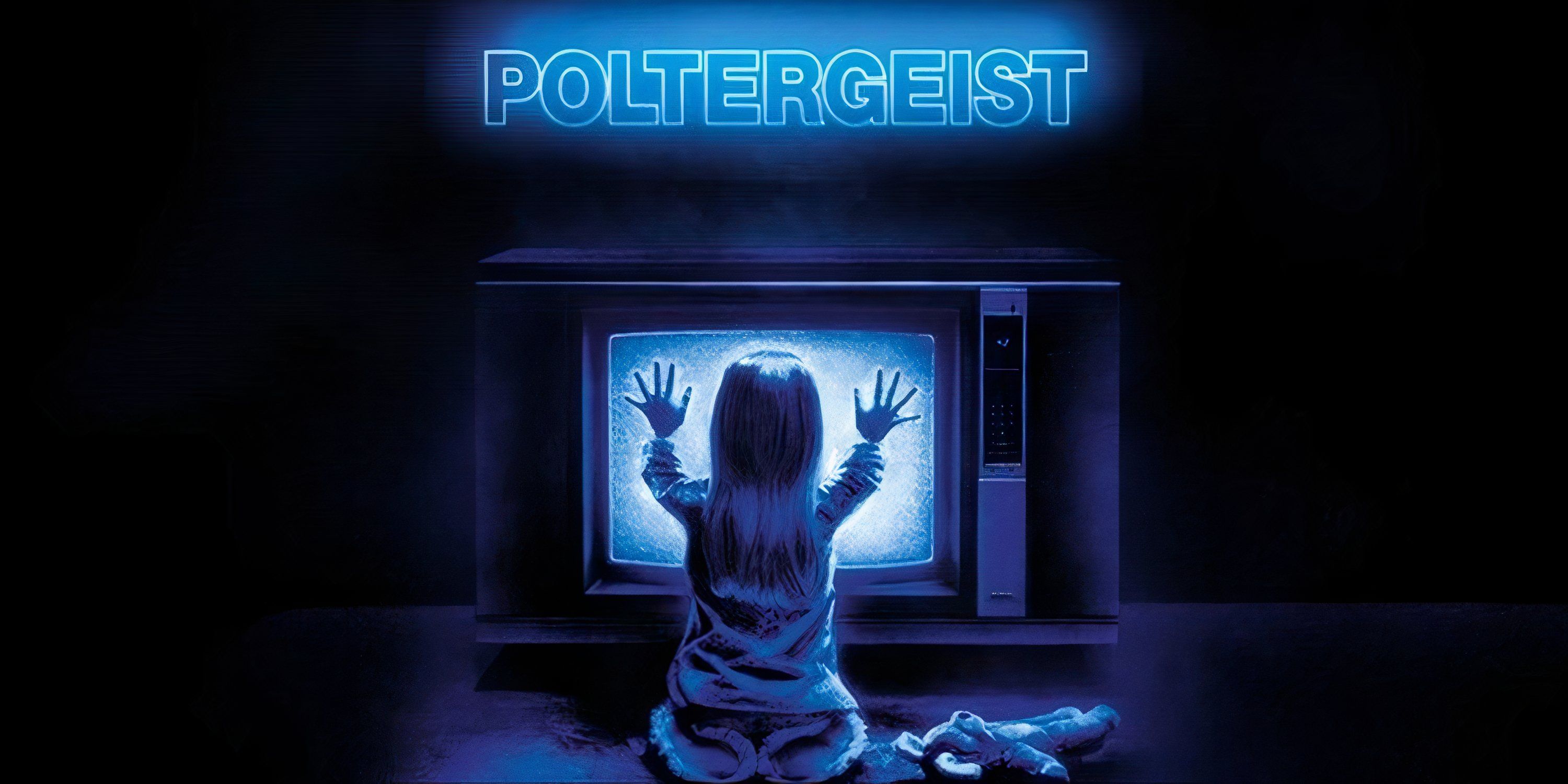 The main art for Tobe Hooper's Poltergeist with Heather O'Rourke's character reaching out to the TV static in the night, with the movie title above her.