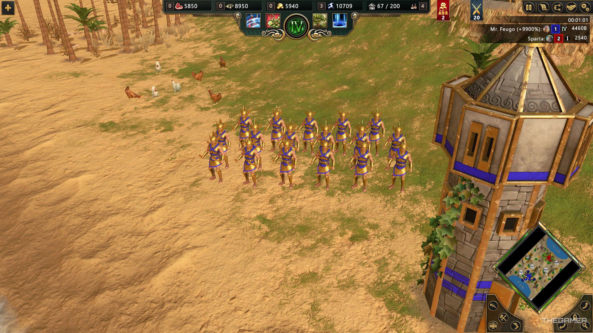 A group of fully upgraded Champions standing next to a tower in Age of Mythology - Retold.