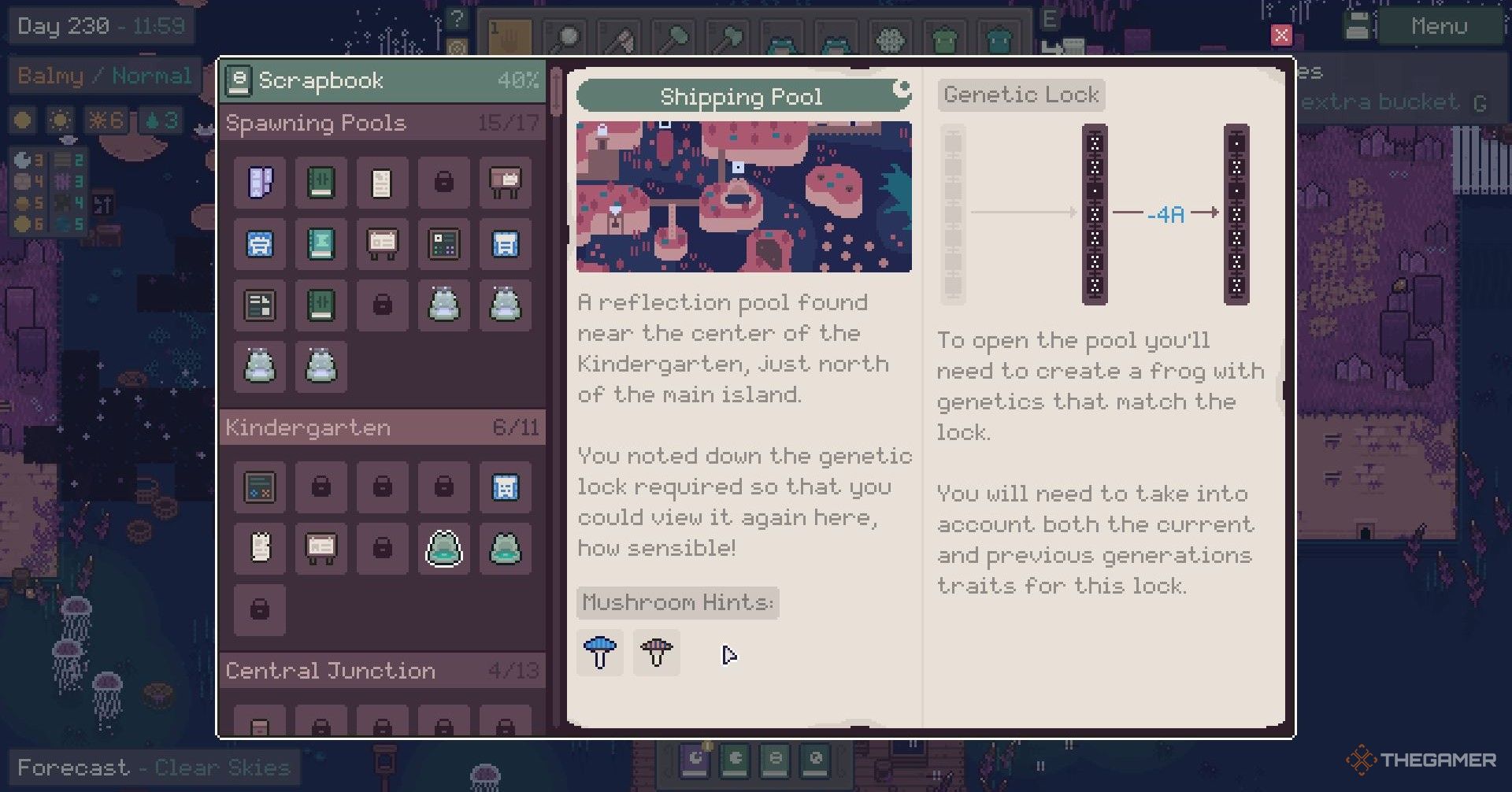 The Mudborne Scrapbook showing which mushrooms you need to open the shipping pool.