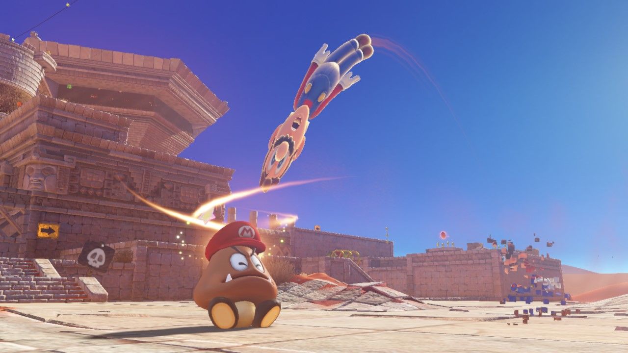 Mario sucks himself into a goomba in Super Mario Odyssey. 