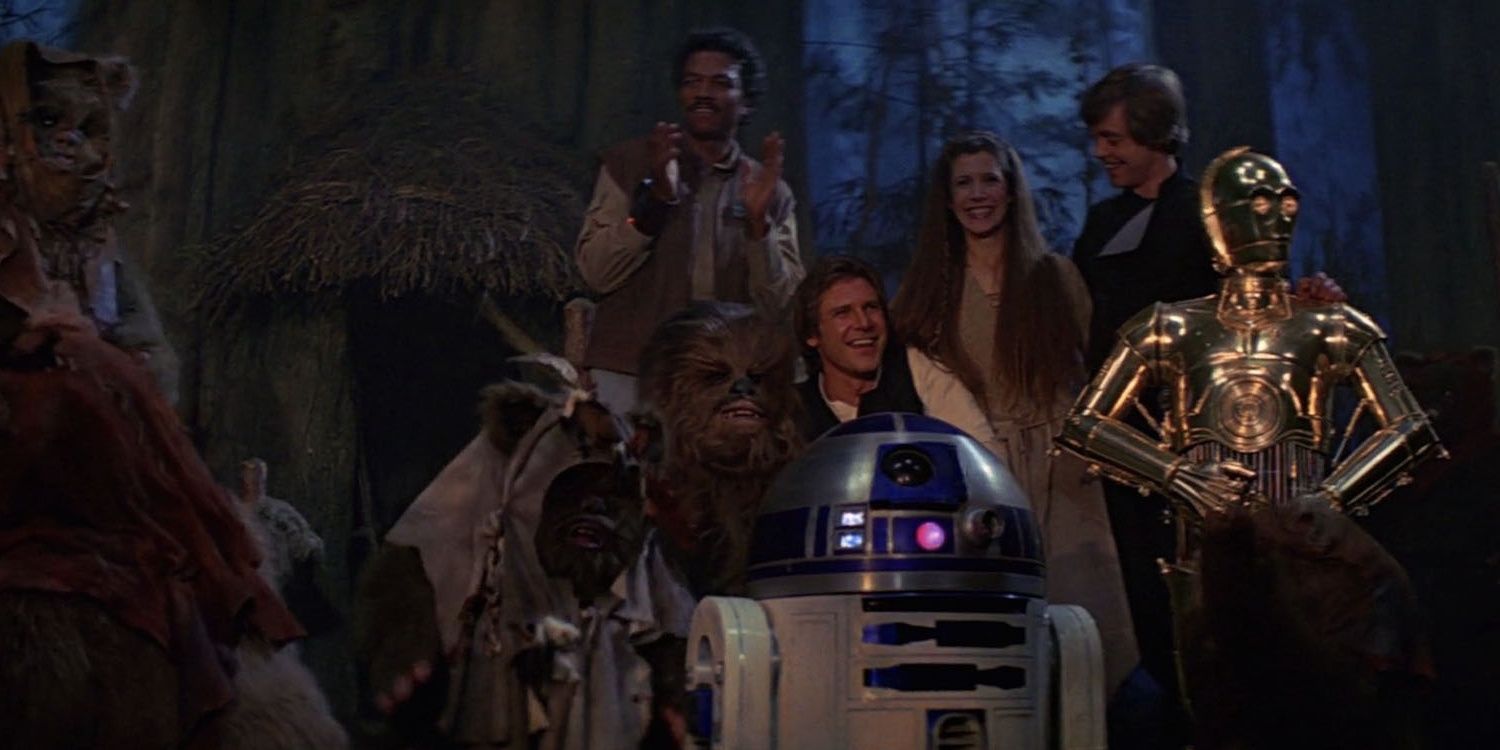 The principal cast in the Ewok village in Star Wars: Return of the Jedi.