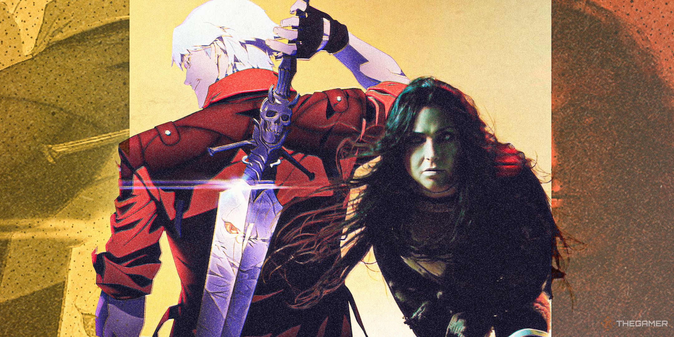 Evanescence's Amy Lee against a Dante from Netflix's Devil May Cry series backdrop.