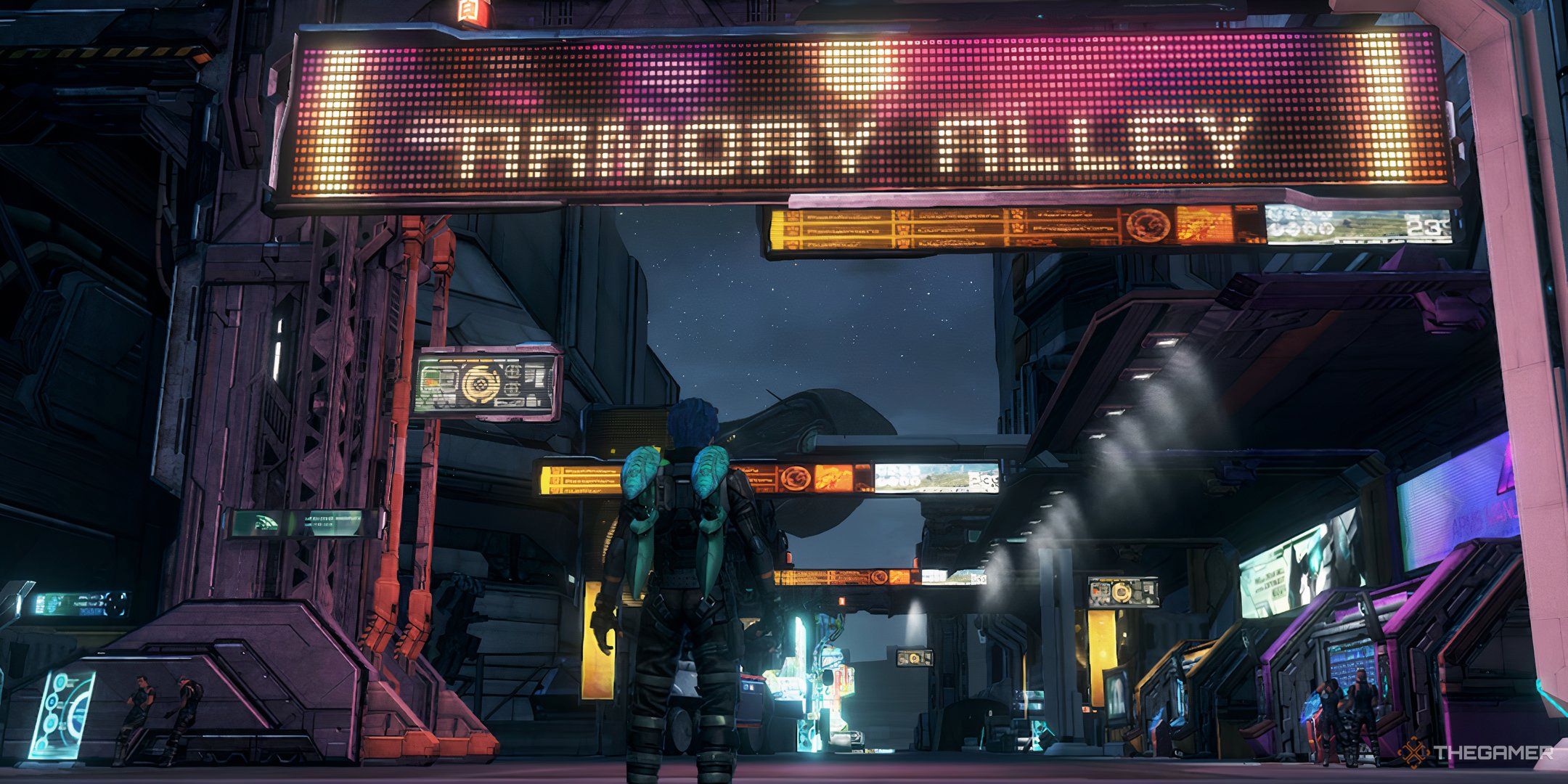 A screenshot of the player character outside of Armory Alley in Xenoblade Chronicles X: Definitive Edition.