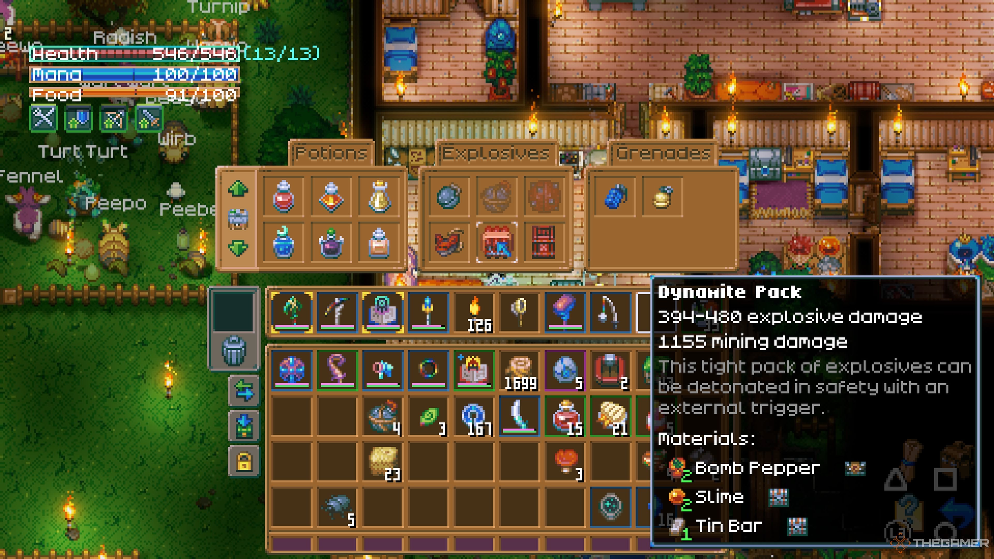 Player character using a Laboratory Table and looking at the low tier bombs like Dynamite Pack in Core Keeper.