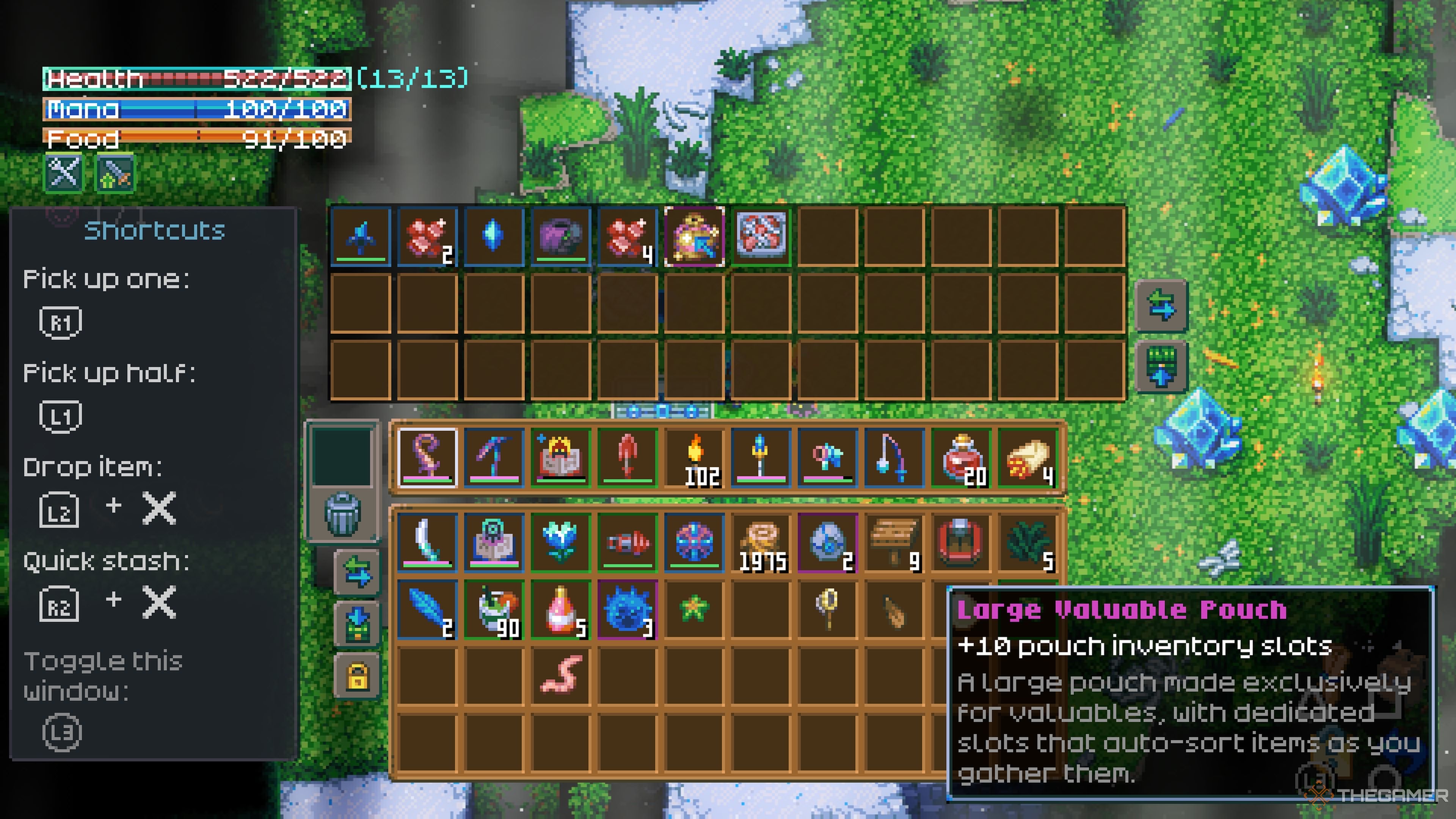 Player obtaining a Large Valuable Pouch as a drop from Azeos The Sky Titan in Core Keeper.