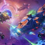 Colorful key art for Wildgate showing spaceships flying towards one another at speed while exchanging laser fire, smaller crew members circling around them - in the background, purple-tinged space warps and distorts