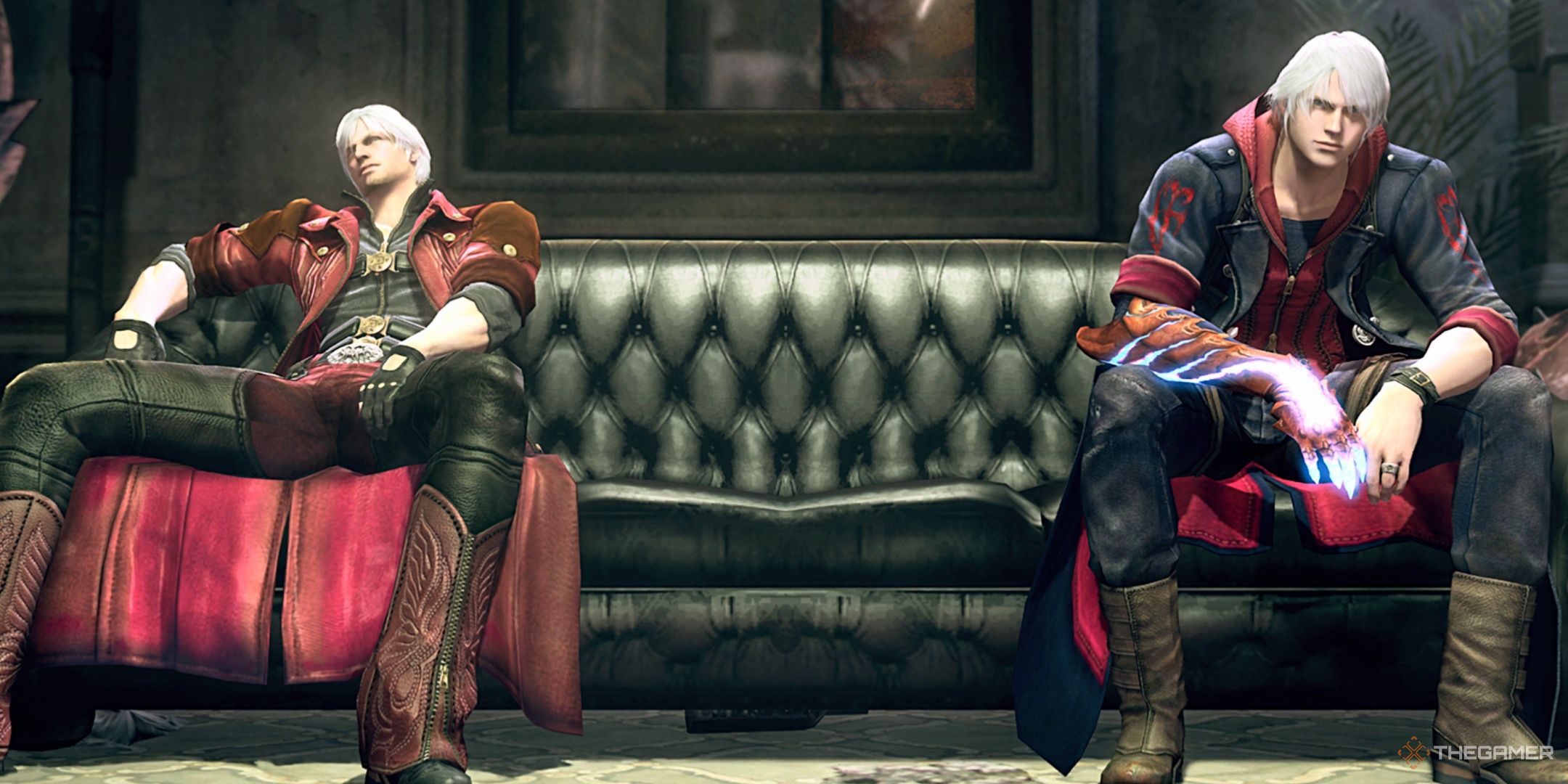 Dante and Nero sitting on a couch in Devil May Cry 4.