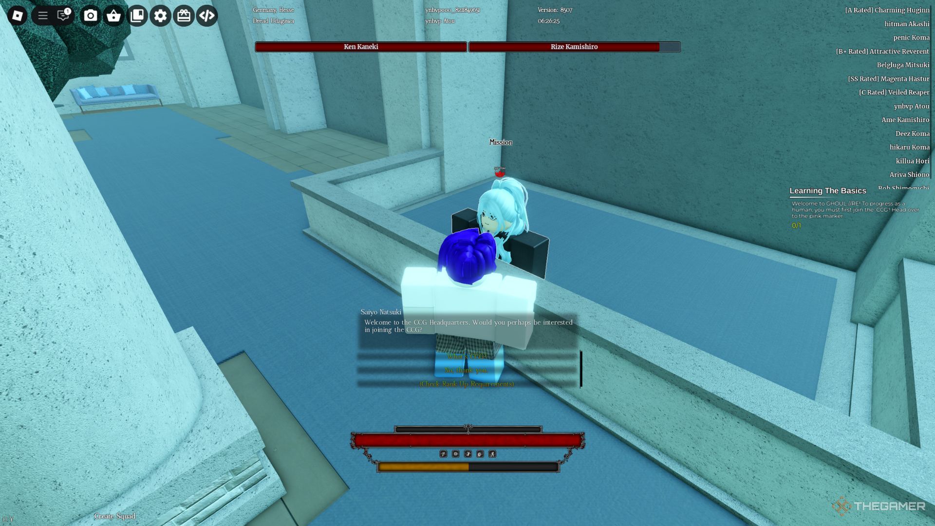 The player character talks to Saiyo Natsuki NPC at the CCG building in Ghoul Re.